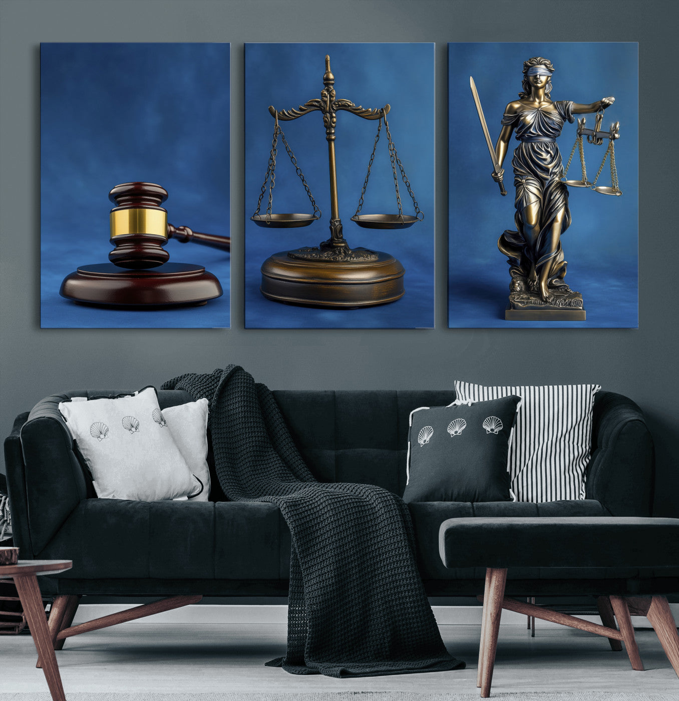 27565987-MGV-CV-60X30-3P - Legal Justice Wall Art Canvas – Gavel, Scales & Lady Justice with Courtroom Canvas Print for Law Office or Lawyer Gifts