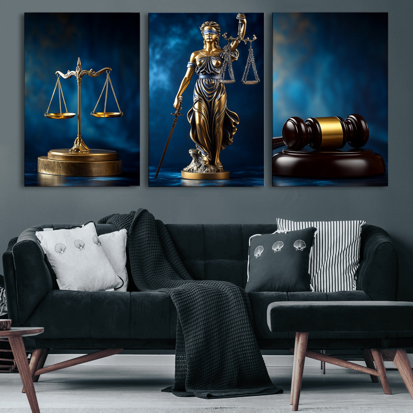 33888279-MGV-CV-60X30-3P-Lady Justice Wall Art Canvas Print – Elegant Gold Legal Symbols Blue Background, Perfect for Law