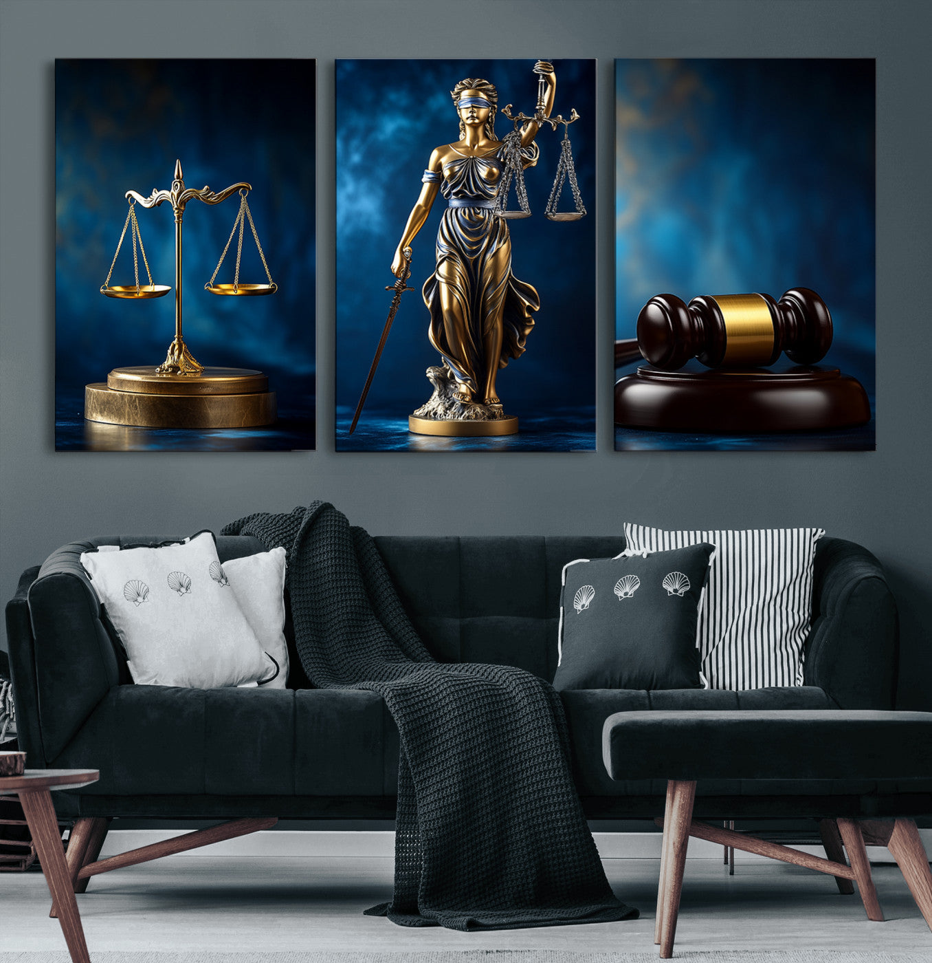 33888279-MGV-CV-60X30-3P-Lady Justice Wall Art Canvas Print – Elegant Gold Legal Symbols Blue Background, Perfect for Law