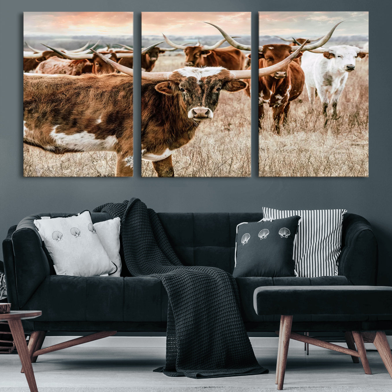 47758300-MGV-CV-60X30-3P-Texas Longhorn Cattle Wall Art Canvas Print – Rustic Western Ranch Scene with Steers Sunset for Home, Office