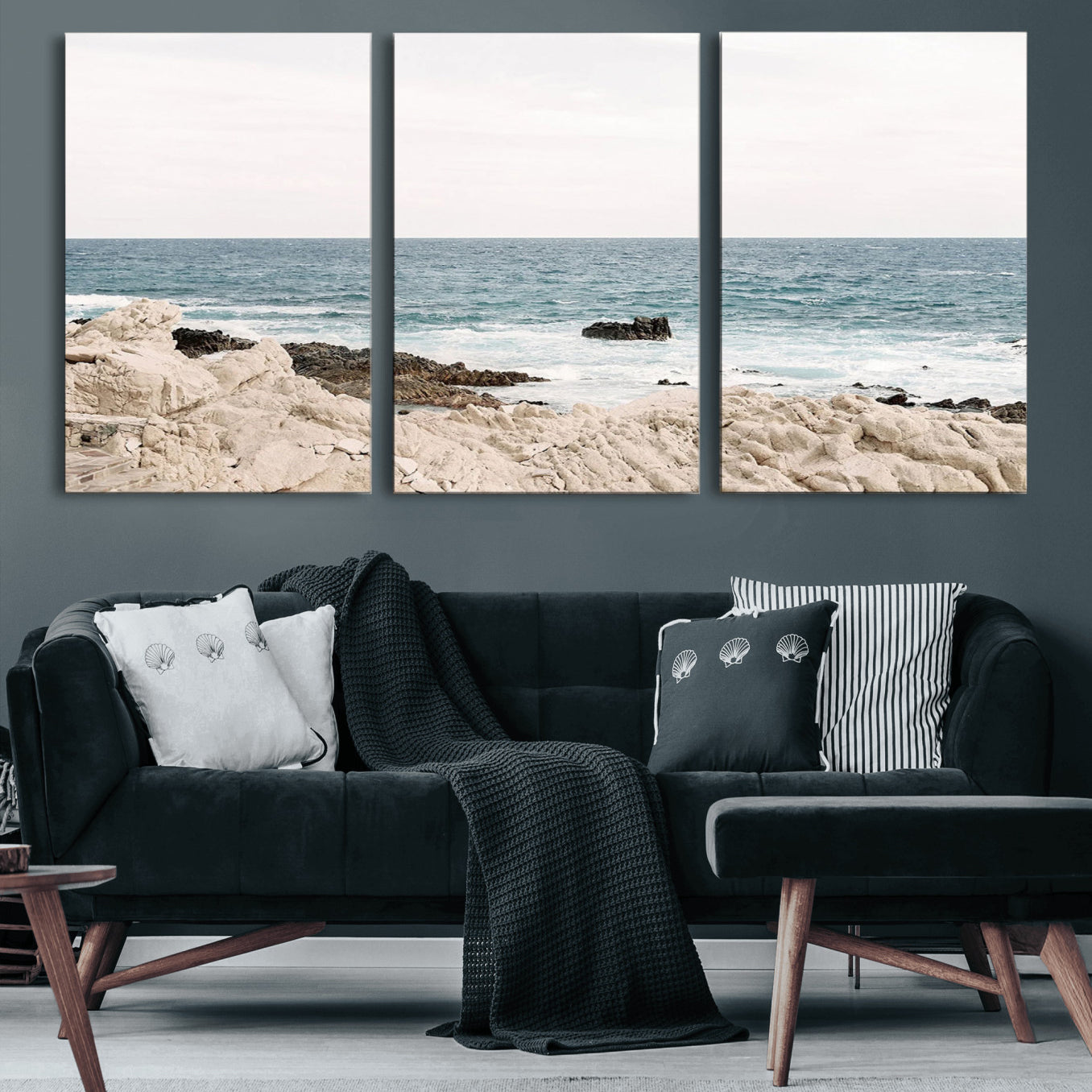 25481980-MGV-CV-60X30-3P-Coastal Ocean View Wall Art Canvas Print – Serene Rocky Shoreline and Blue Sea Photography for Home, Office