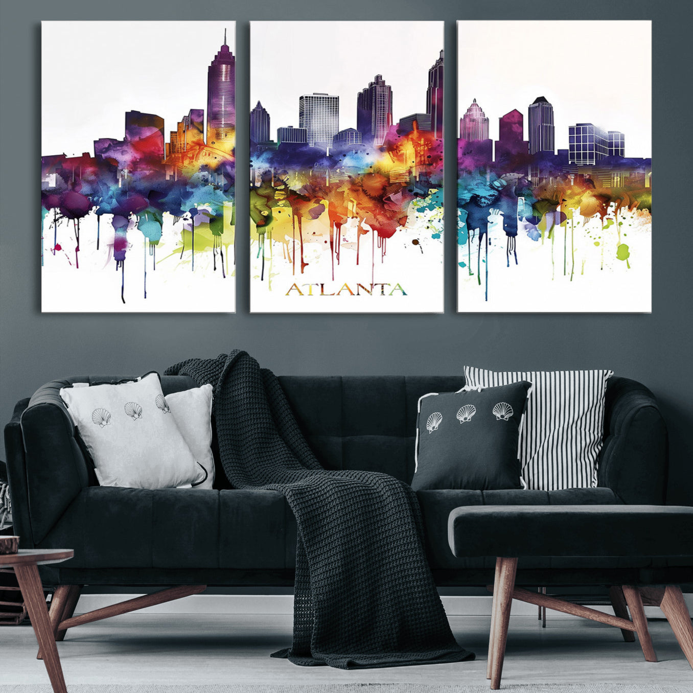 36048320-MGV-CV-36X24-Atlanta Skyline Wall Art Canvas Print – Framed Colorful Watercolor Cityscape Abstract Urban Artwork for Home, Office