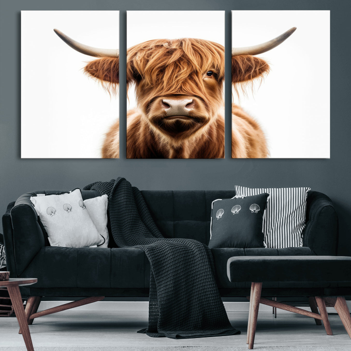 637908607-MGV-CV-60X30-3P-Scottish Highland Cow Canvas Print, Framed Highland Cow Canvas Home Decor
