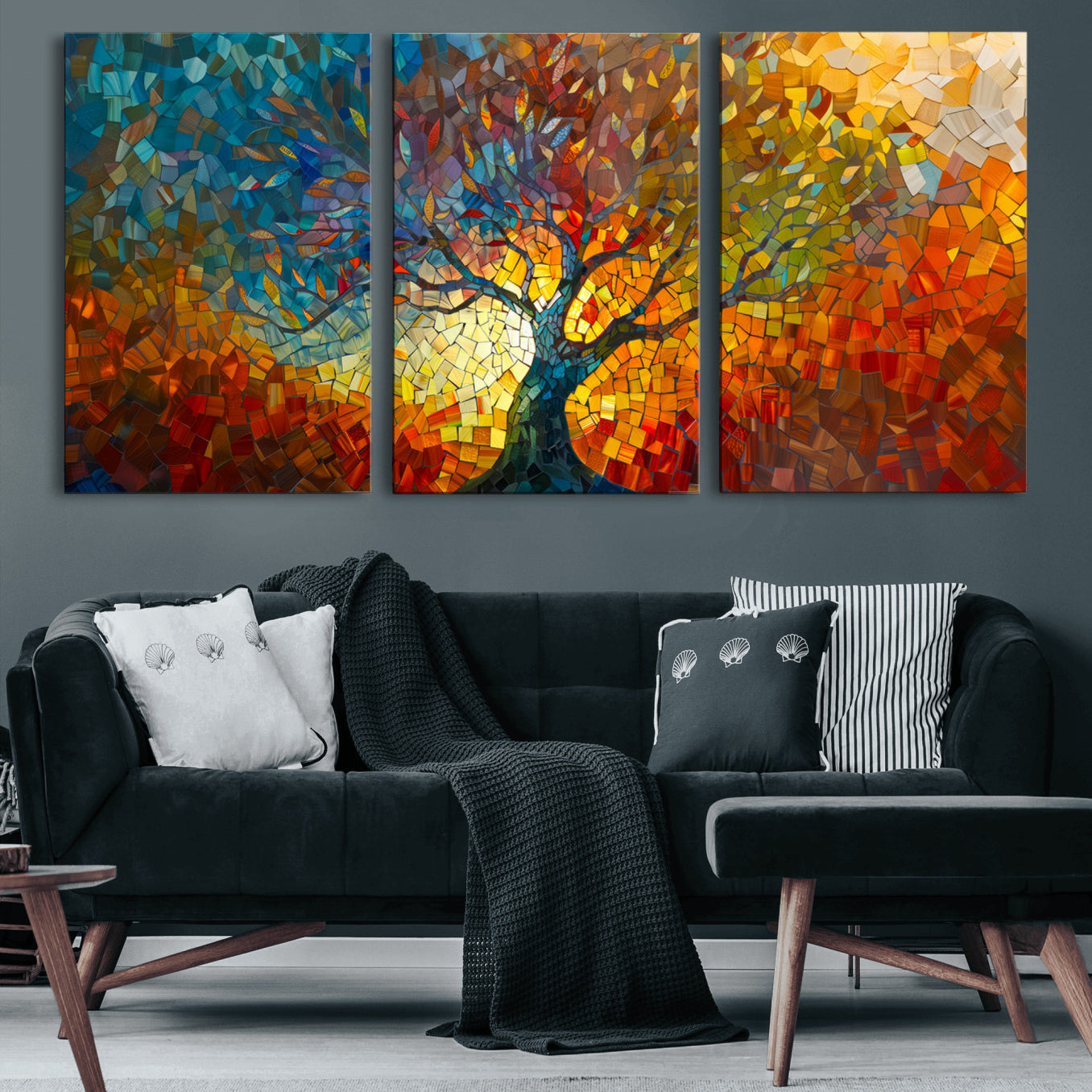 Mozaik2-MGV-CV-60X30-3P-Yggdrasil Tree of Life Mosaic Stained Glass Wall Art, Tree of Life Mosaic Wall Art Canvas Print