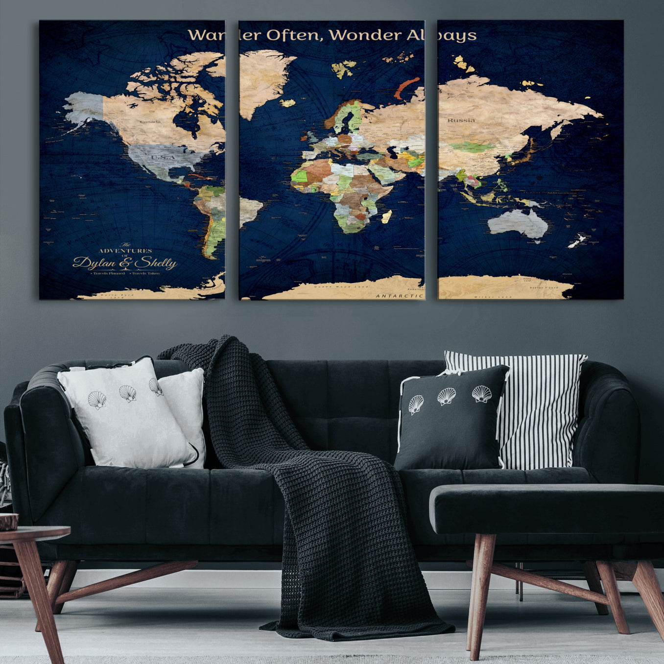 Rehber01-MGV-CV-36X24-Personalized World Map Canvas – Custom Framed Push Pin Travel Map Wall Art, Navy Blue Vintage Gift for Couples and Adventurers