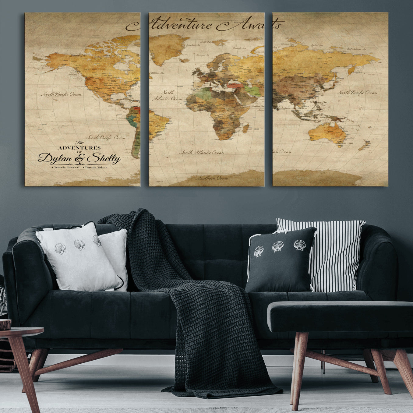 Rehber01-MGV-CV-36X24-Personalized World Map Canvas – Custom Framed Push Pin Travel Map Wall Art, Rustic Vintage Gift for Couples and Travel Lovers
