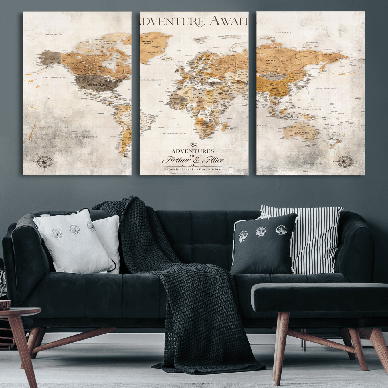 Rehber01-MGV-CV-36X24-Personalized World Map Canvas Print – Custom Push Pin Travel Map Vintage Neutral Style Gift for Couples Travelers for Home Office