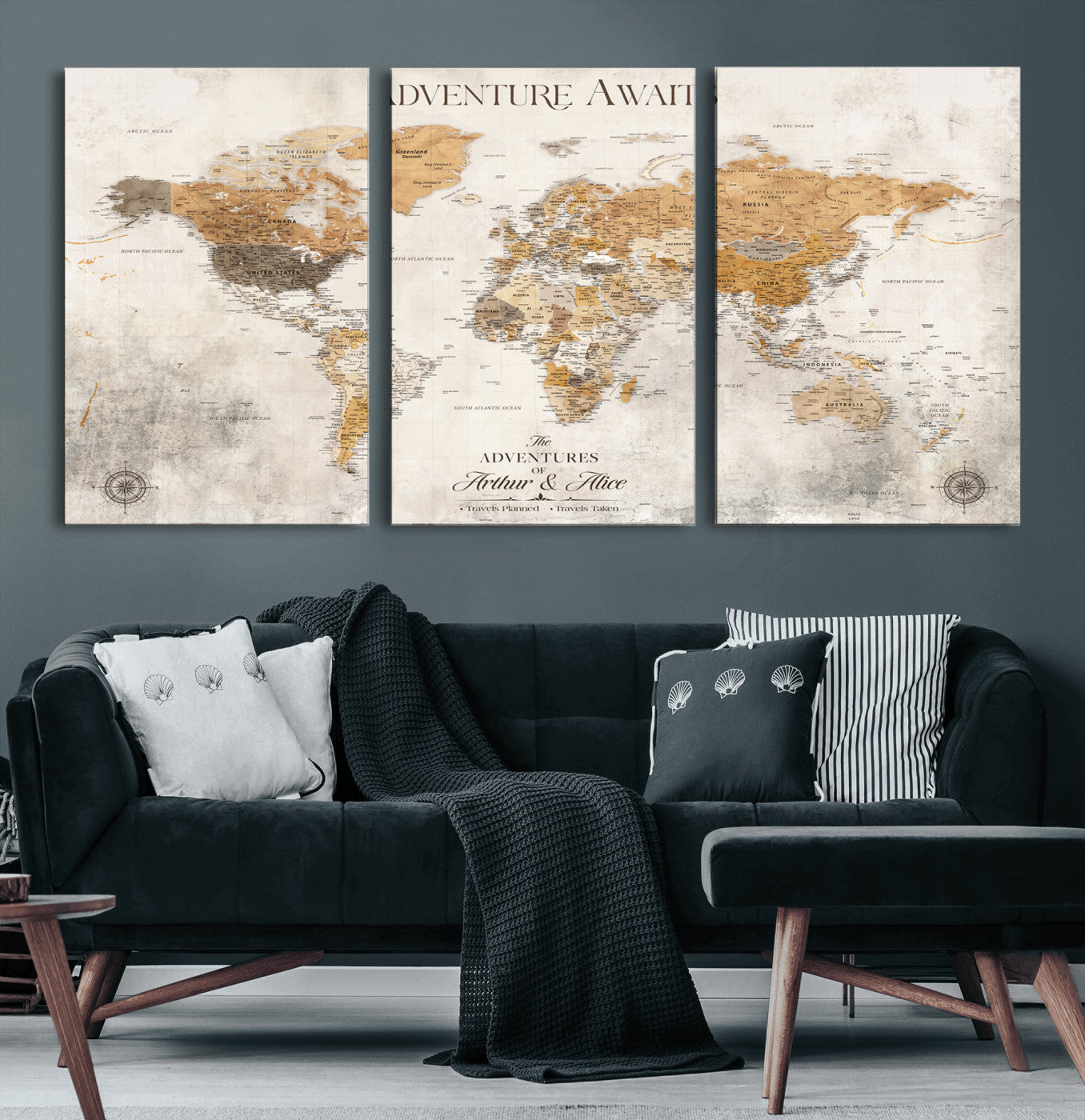 Rehber01-MGV-CV-36X24-Personalized World Map Canvas Print – Custom Push Pin Travel Map Vintage Neutral Style Gift for Couples Travelers for Home Office