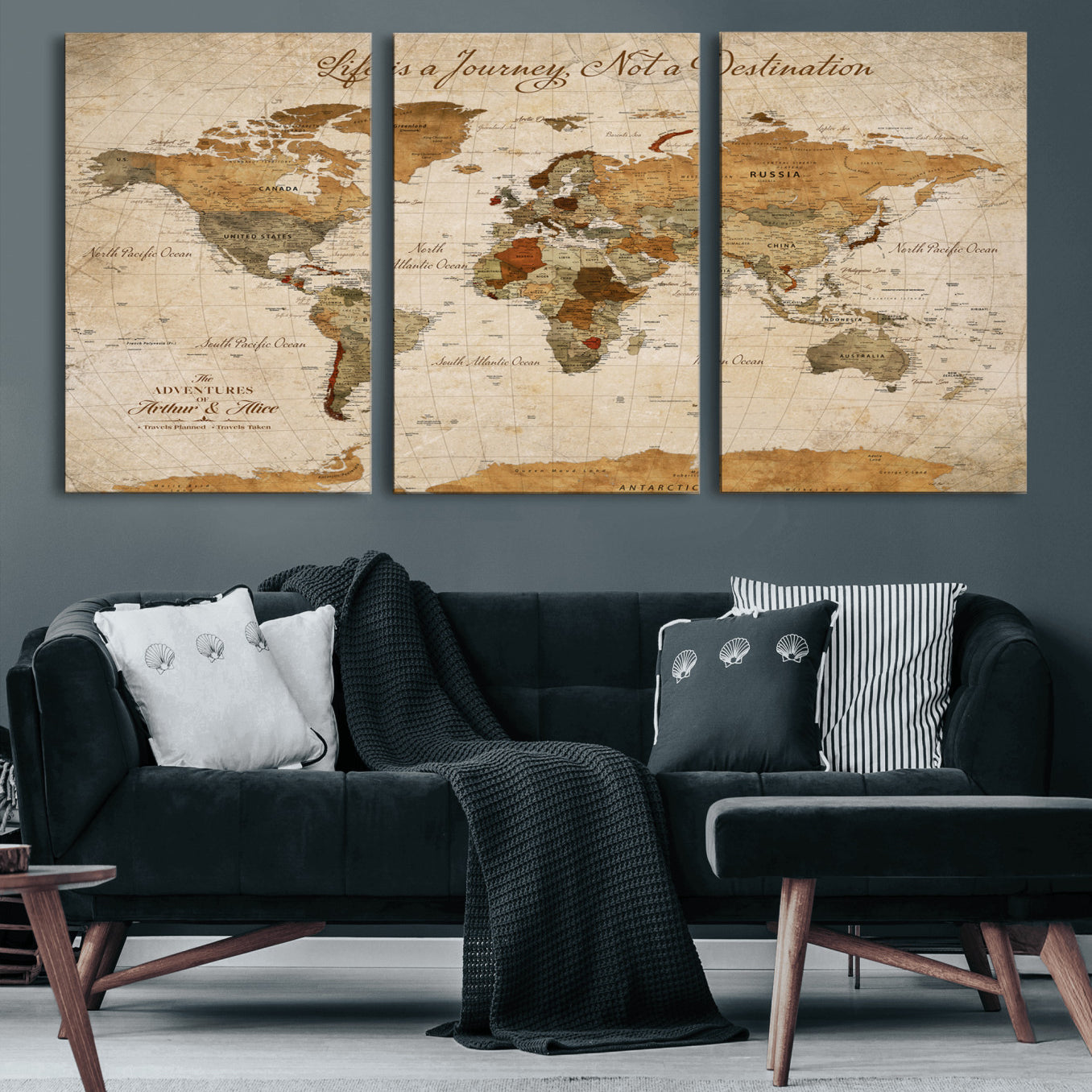 Rehber01-MGV-CV-36X24-Personalized Vintage World Map Canvas – Custom Framed Push Pin Travel Map Wall Art, Rustic Gift for Couples and Travel Lovers