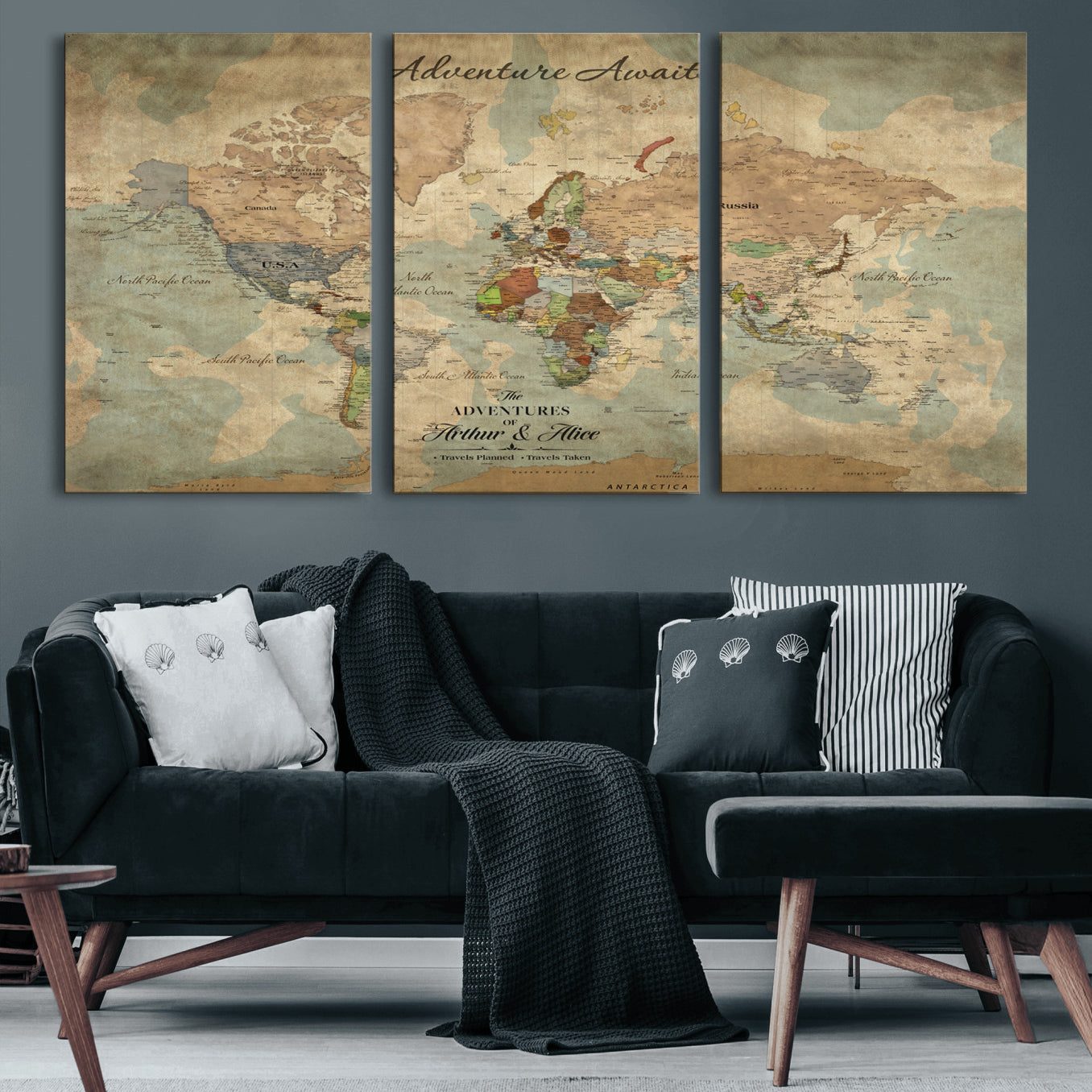 Rehber01-MGV-CV-36X24-Personalized Vintage World Map Canvas Print – Custom Push Pin Travel Map Antique Style Gift for Couples Travelers for Home Office