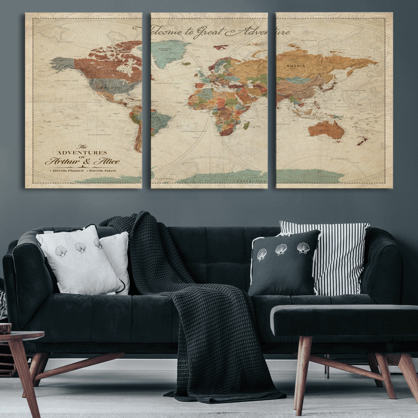 Rehber01-MGV-CV-36X24-Personalized Antique World Map Canvas Print – Custom Push Pin Travel Map Vintage Gift for Couples Explorers for Home, Office