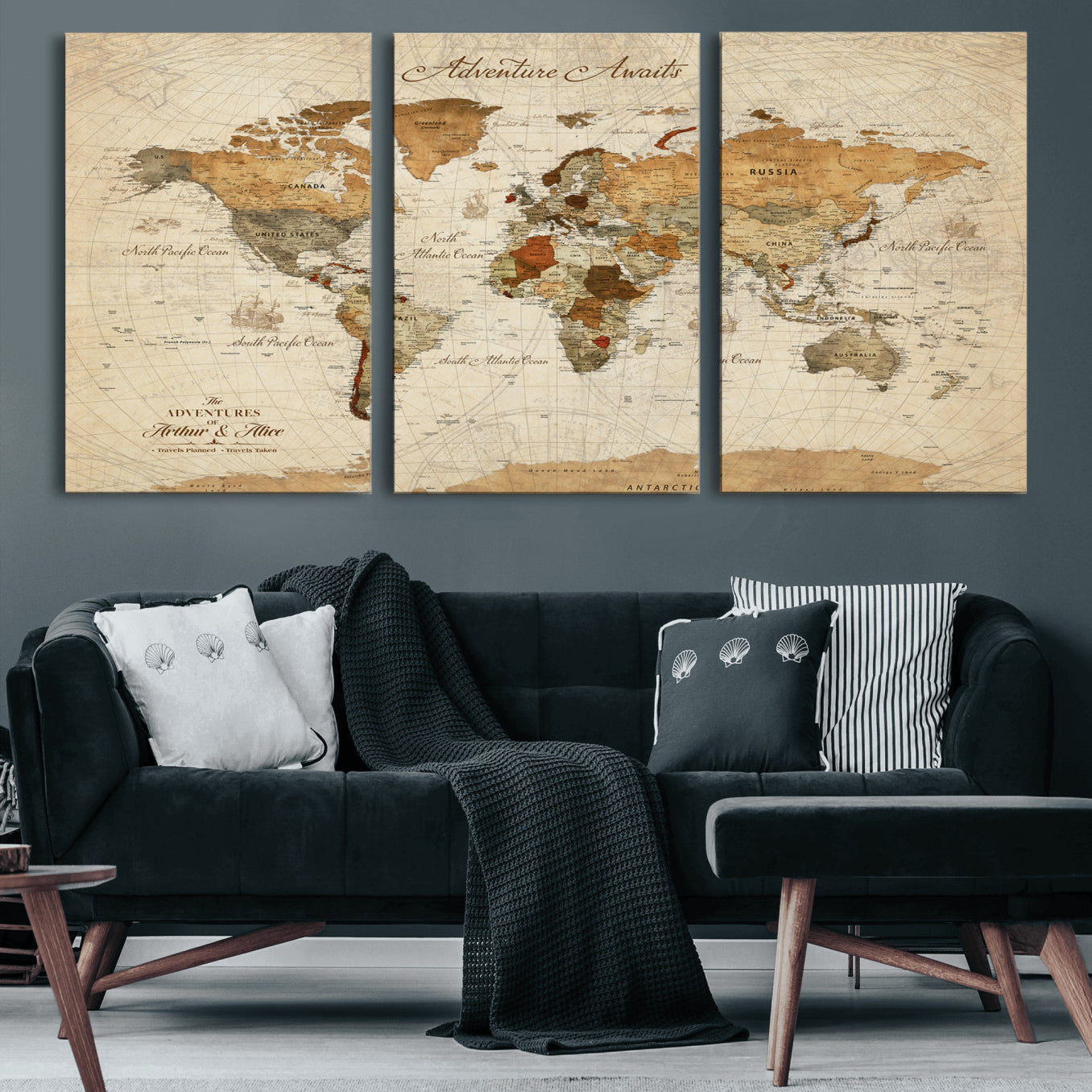 Rehber01-MGV-CV-36X24-Customizable Framed World Map Canvas Print – Personalized Push Pin Travel Map Gift for Couples Explorers for Home, Office