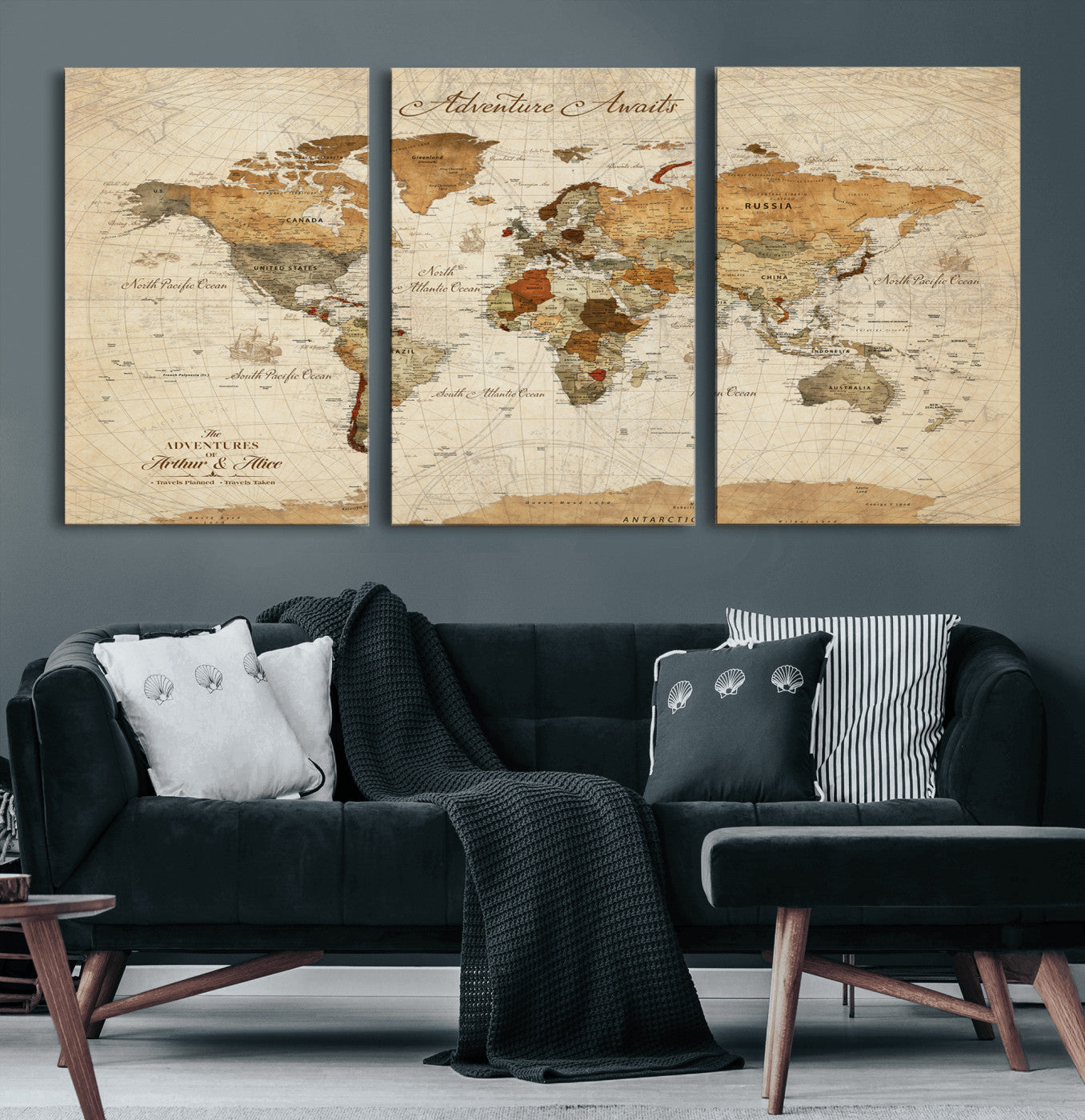 Rehber01-MGV-CV-36X24-Customizable Framed World Map Canvas Print – Personalized Push Pin Travel Map Gift for Couples Explorers for Home, Office