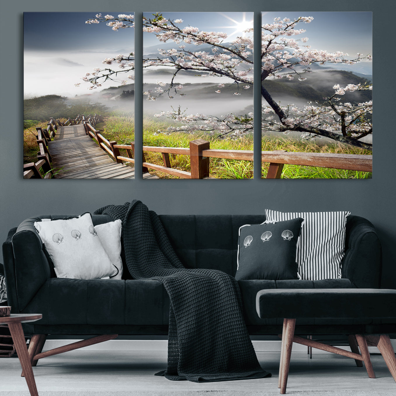 -Sakura Cherry Blossom Pathway Canvas Wall Art – Tranquil Walk Through Blossoming Nature – Ready to
