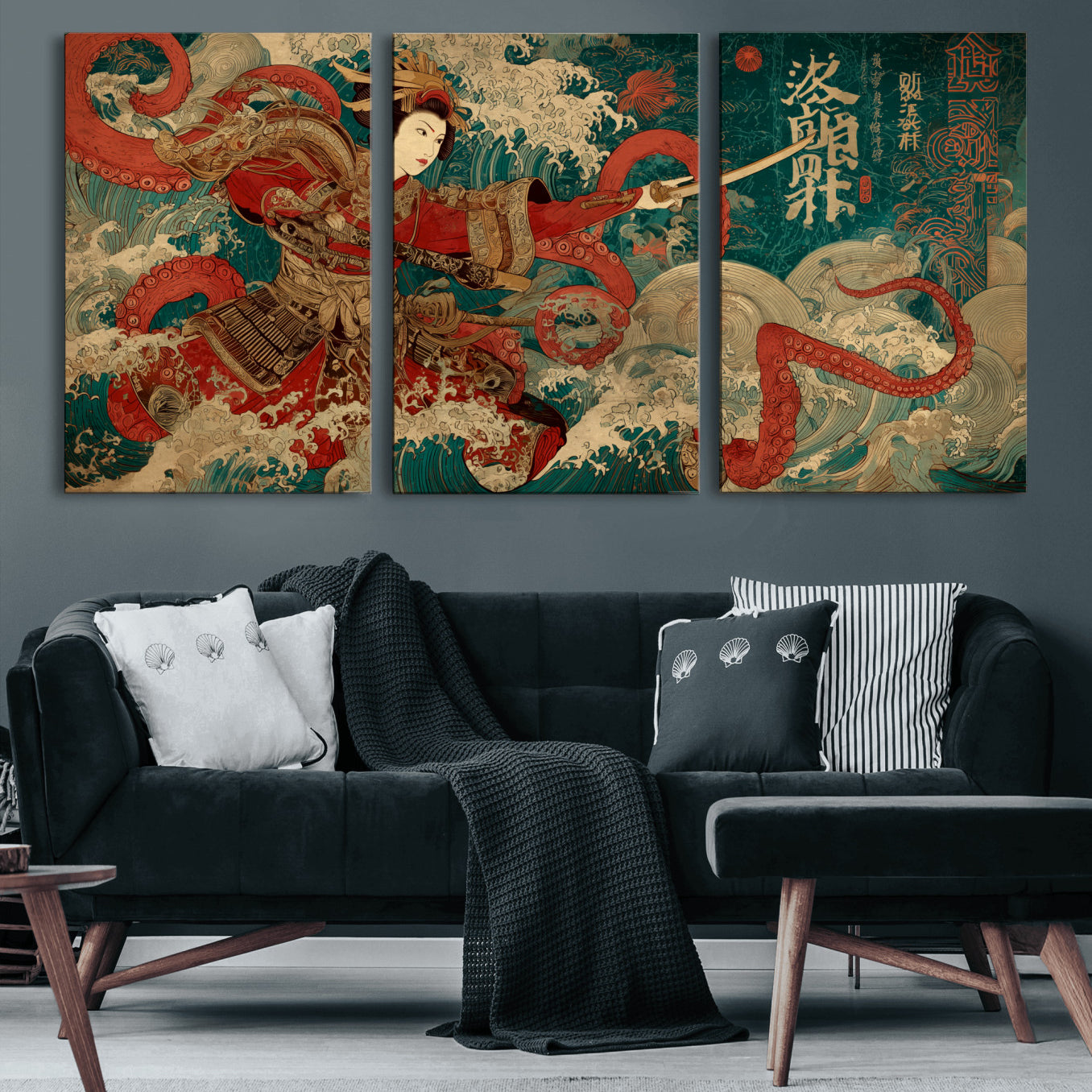 MGV-CV-60X30-3P - Tsukioka Yoshitoshi Samurai Wall Art Print, Japanese Katana Warrior Canvas Wall Art, Octopus Sea Monster Canvas Print,