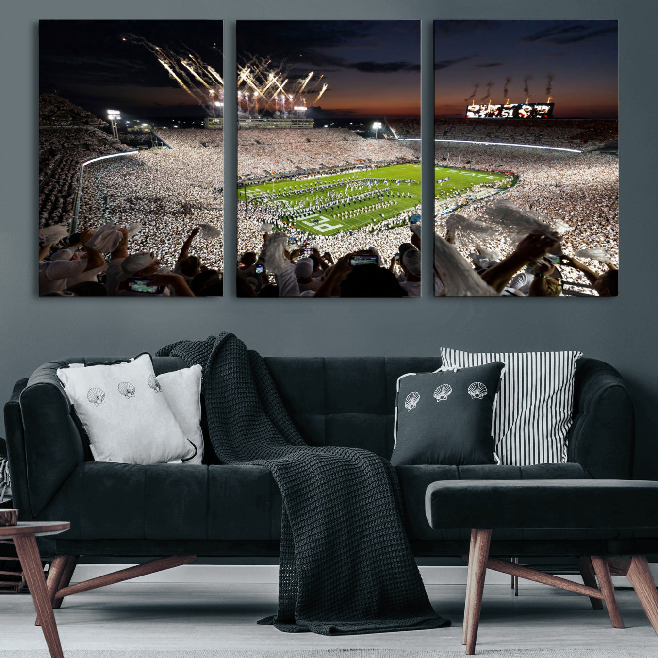 Penn State Stadium Wall Art Print, White Out Football Game Canvas Wall Art, Framed Sports Stadium, Large College Football Canvas Print for Game Room - Man Cave + 555