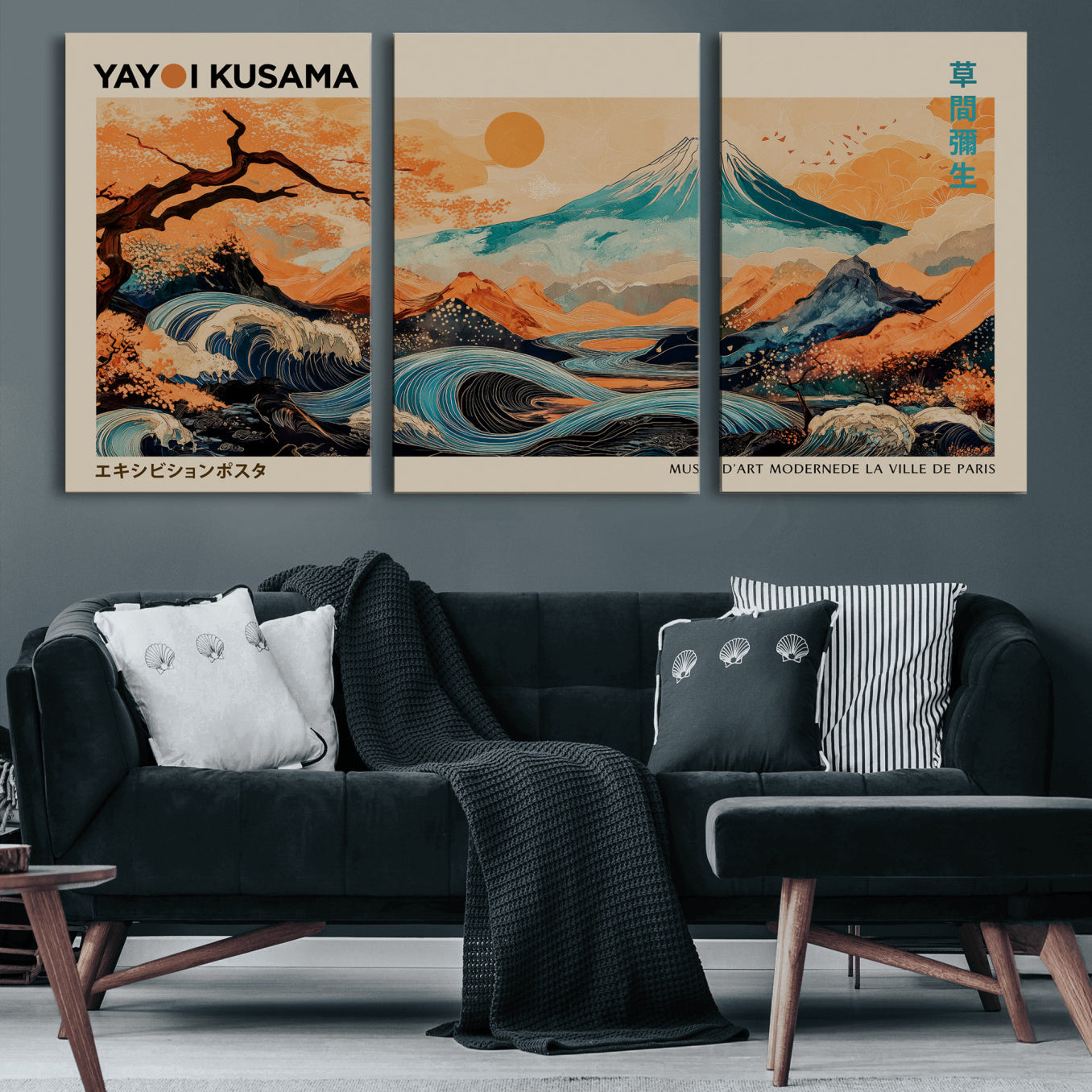 94085549-MGV-CV-36X24 - Yayoi Kusama Japanese Landscape Wall Art Canvas Print – Modern Abstract Mount Fuji Wall Art - Japanese Waves & Autumn Trees Print