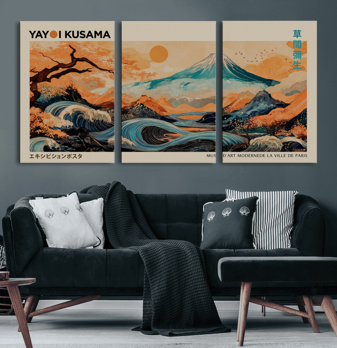 94085549-MGV-CV-36X24 - Yayoi Kusama Japanese Landscape Wall Art Canvas Print – Modern Abstract Mount Fuji Wall Art - Japanese Waves & Autumn Trees Print