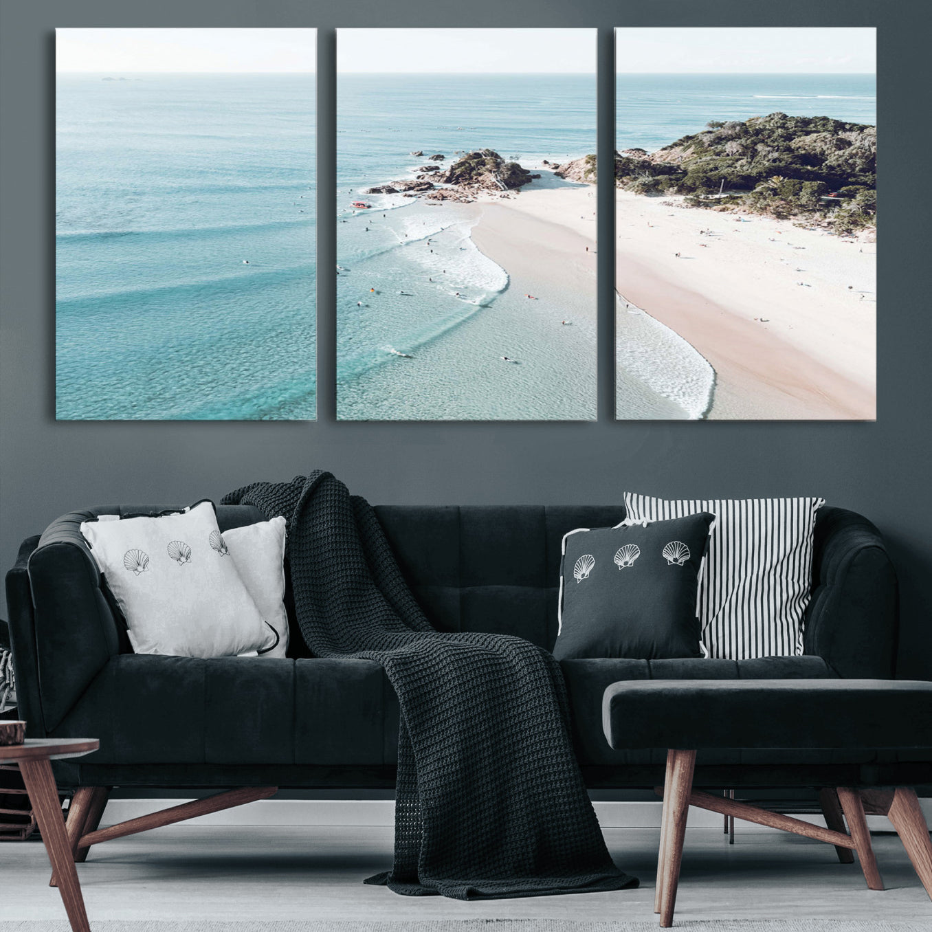 79395467-MGV-CV-36X24 - Aerial Beach Wall Art Canvas Print, Coastal Ocean Waves and Surfers Scenic Seaside Artwork for Home, Office Decor