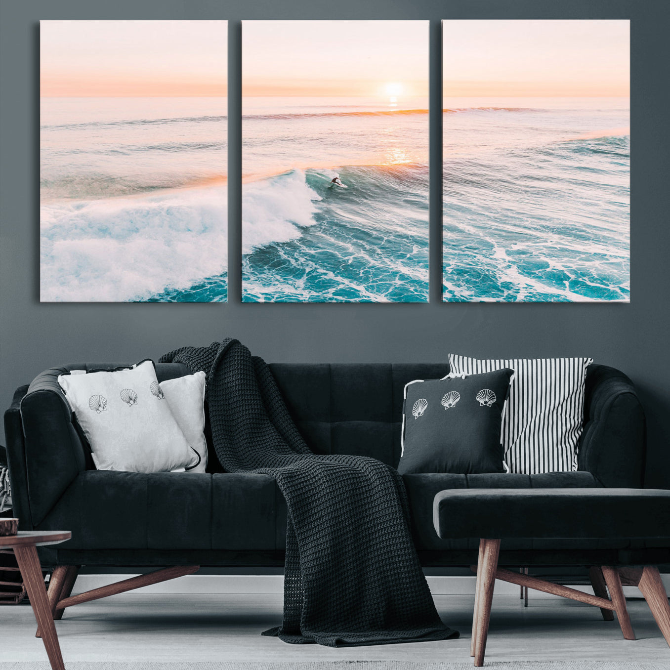 34064591-MGV-CV-36X24 - Sunset Surfing Wall Art Canvas Print, Ocean Wave Surfer with Golden Sky Artwork for Home, Office, Living Room
