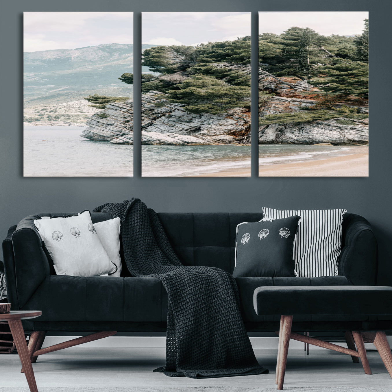 MGV-CV-60X30-3P - Coastal Rock Canvas Wall Art Print, Scenic Beach Landscape, Pine Trees on Rocky Cliff, Large Nature