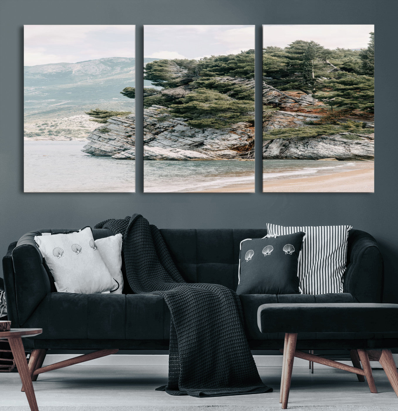 MGV-CV-60X30-3P - Coastal Rock Canvas Wall Art Print, Scenic Beach Landscape, Pine Trees on Rocky Cliff, Large Nature