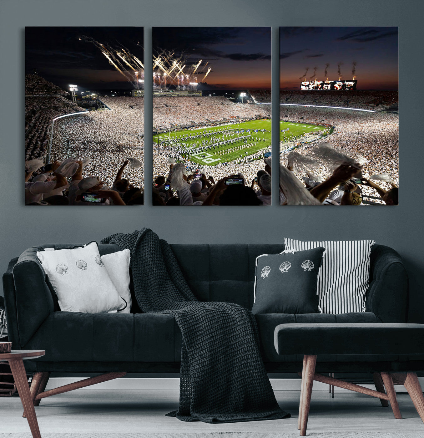 11221988-MGV-CV-60X30-3P - Epic Night Football Stadium Wall Art Canvas Print, Fireworks and Crowd Energy Game Day Excitement Decor for Home, Office