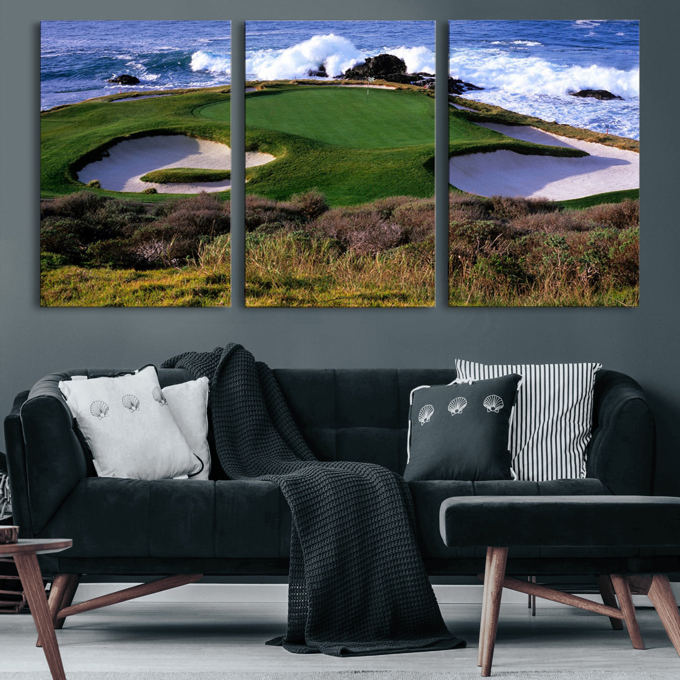 22776914-MGV-CV-36X24-Ocean Cliff Golf Green Canvas Print – Framed Majestic Coastal Scene with Lush Green Artwork for Home, Office