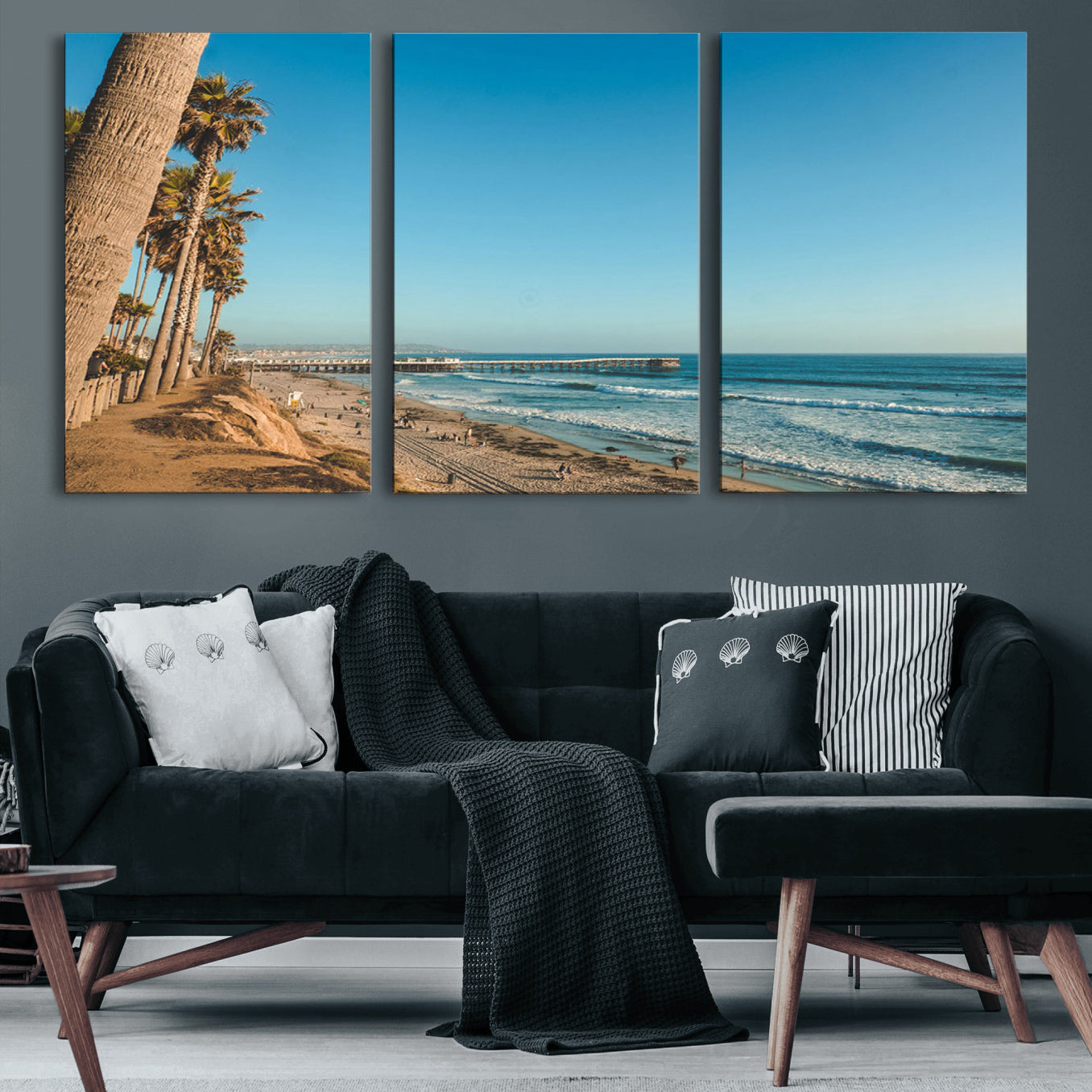 92568259-MGV-CV-60X30-3P-Scenic Beach Wall Art Canvas Print – Tall Palm Trees, Sandy Shore, Long Pier Stretching into Calm Ocean Artwork for Home, Office