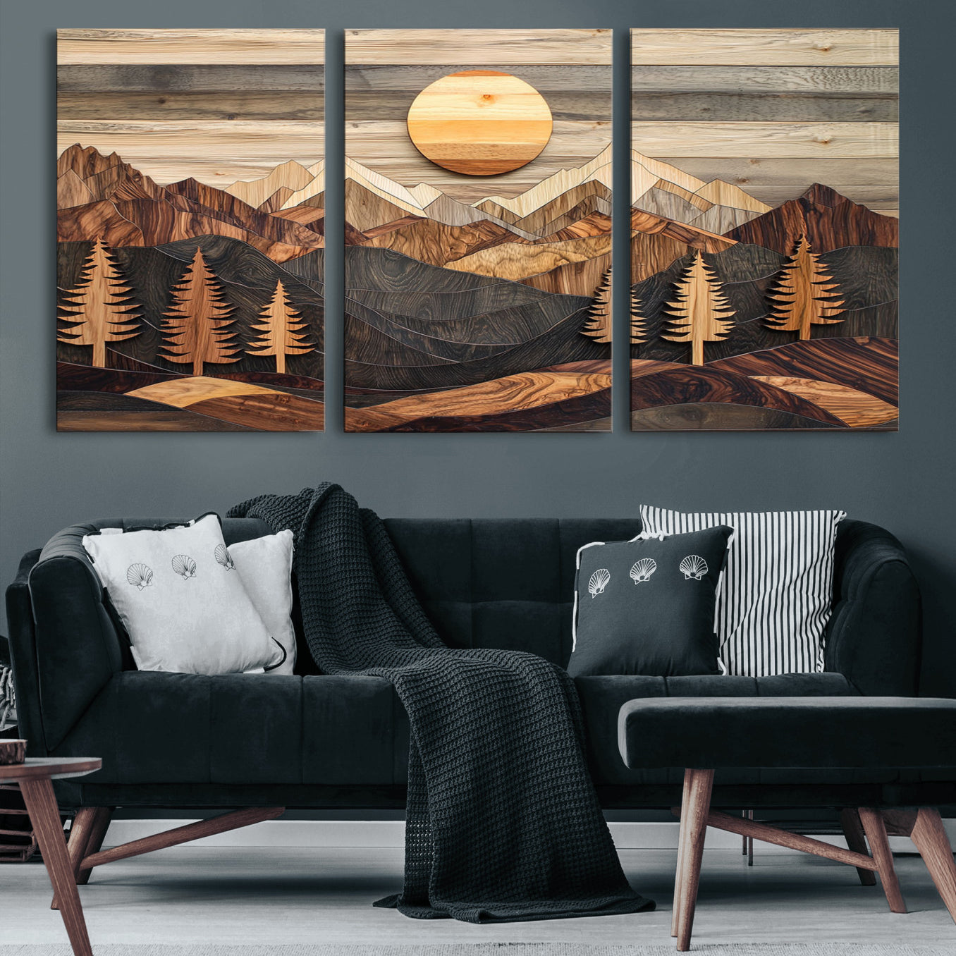 19832326-MGV-CV-60X30-3P - Wooden Mountain Landscape Layered Texture Geometric Shapes Sun Pine Trees Rustic Natural Tones Art