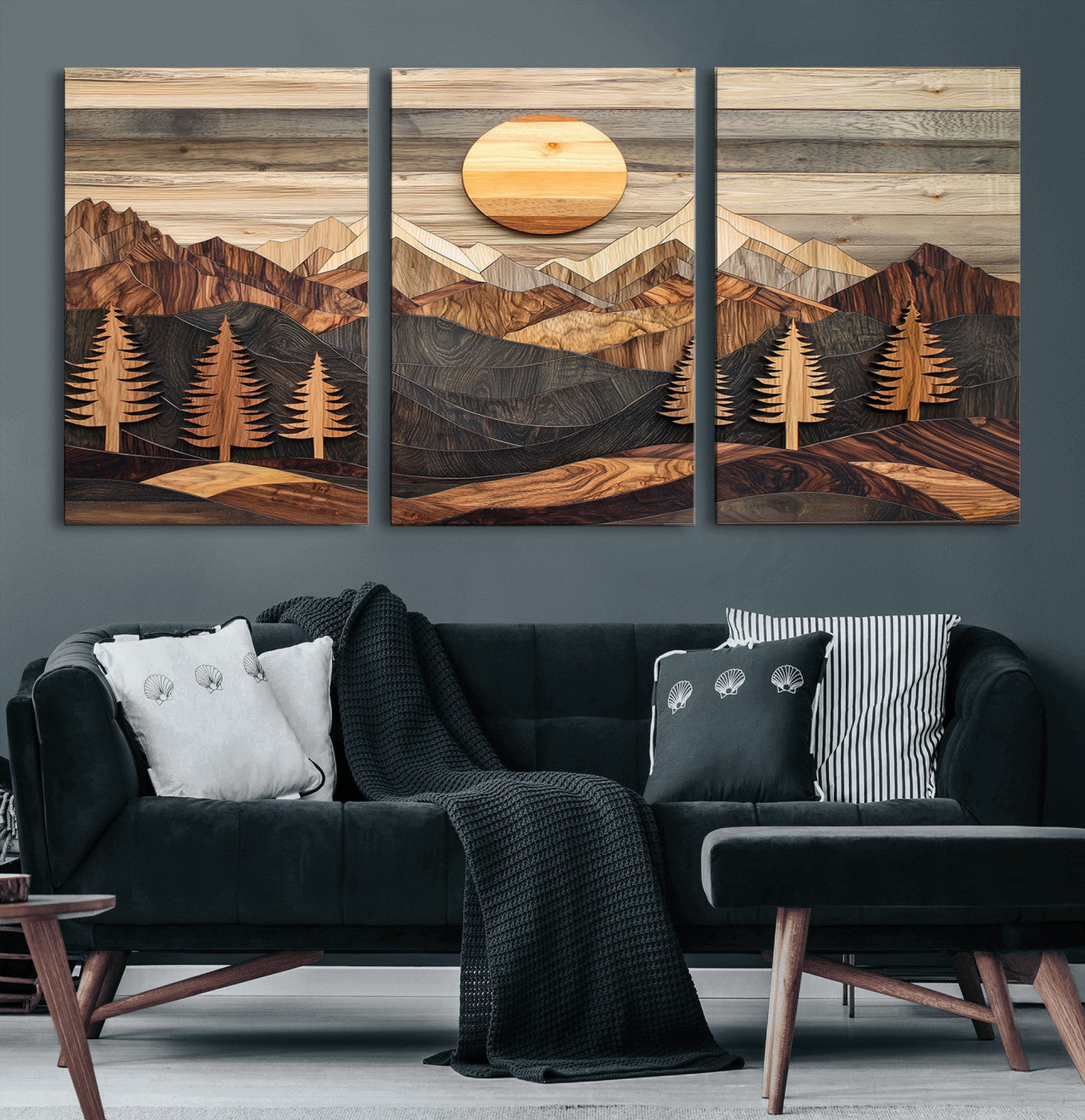 19832326-MGV-CV-60X30-3P - Wooden Mountain Landscape Layered Texture Geometric Shapes Sun Pine Trees Rustic Natural Tones Art
