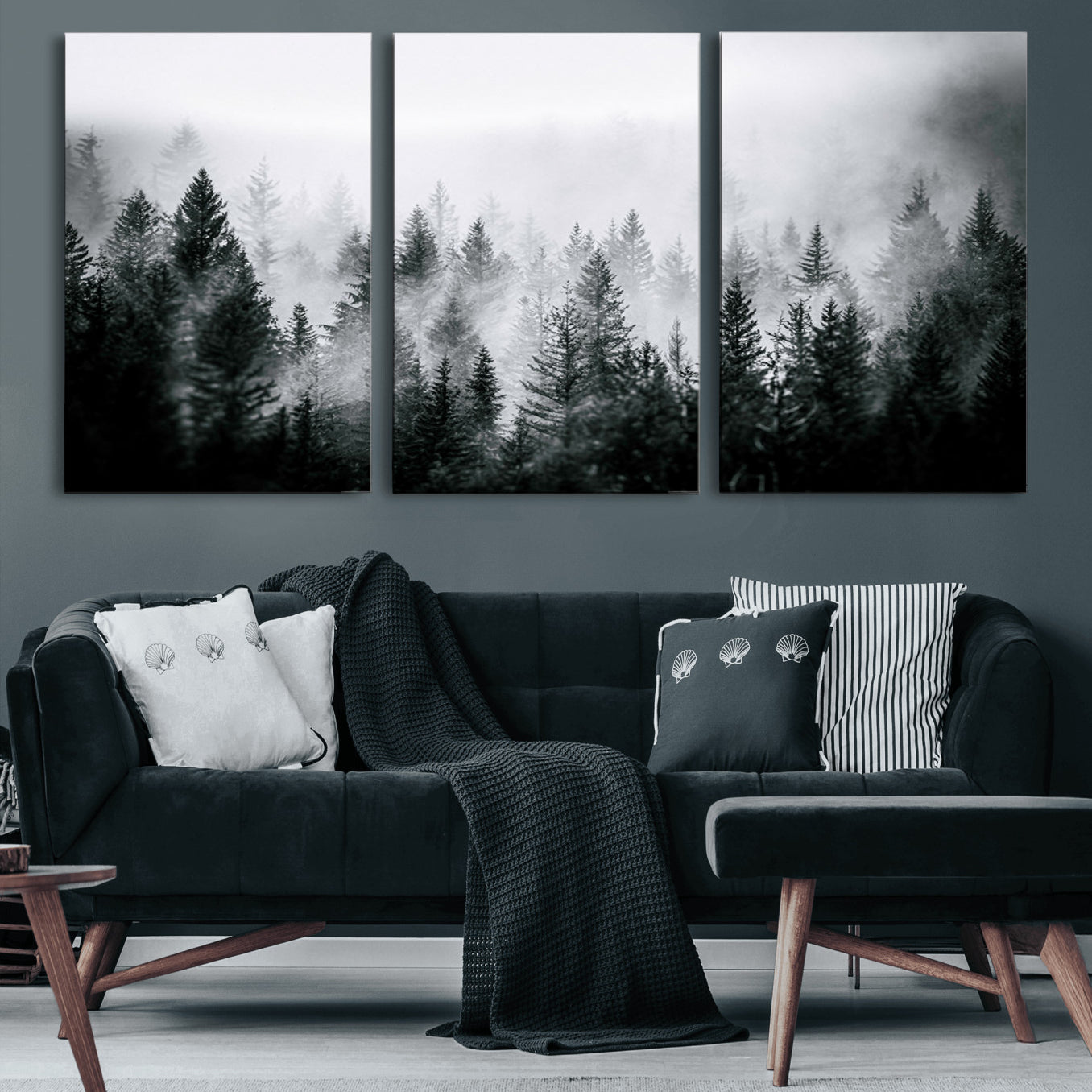 MGV-CV-60X30-3P - Foggy Pine Forest Canvas Wall Art, Horizontal Black and White Nature Landscape Print for Modern Home Decor