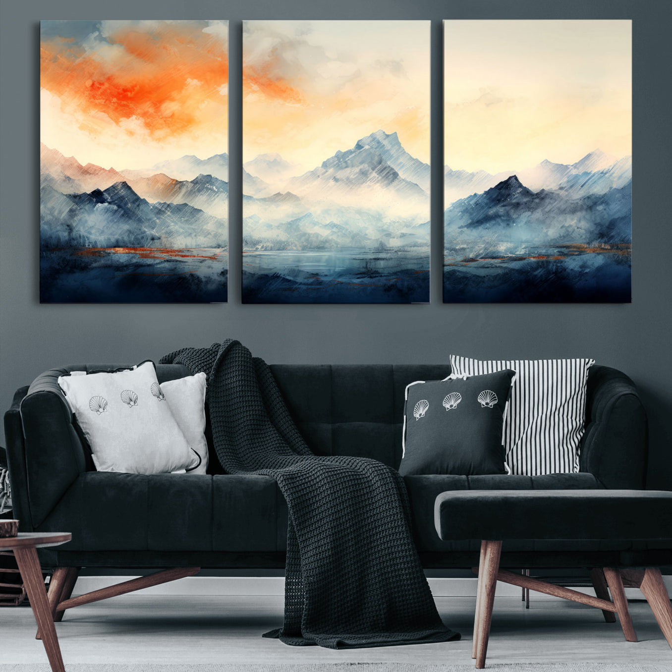WRM1005-MGV-CV-60X30-3P - Warm Clouds Abstract Mountain Wall Art, Modern Landscape Canvas Print, Minimal Framed Artwork for Home, Office