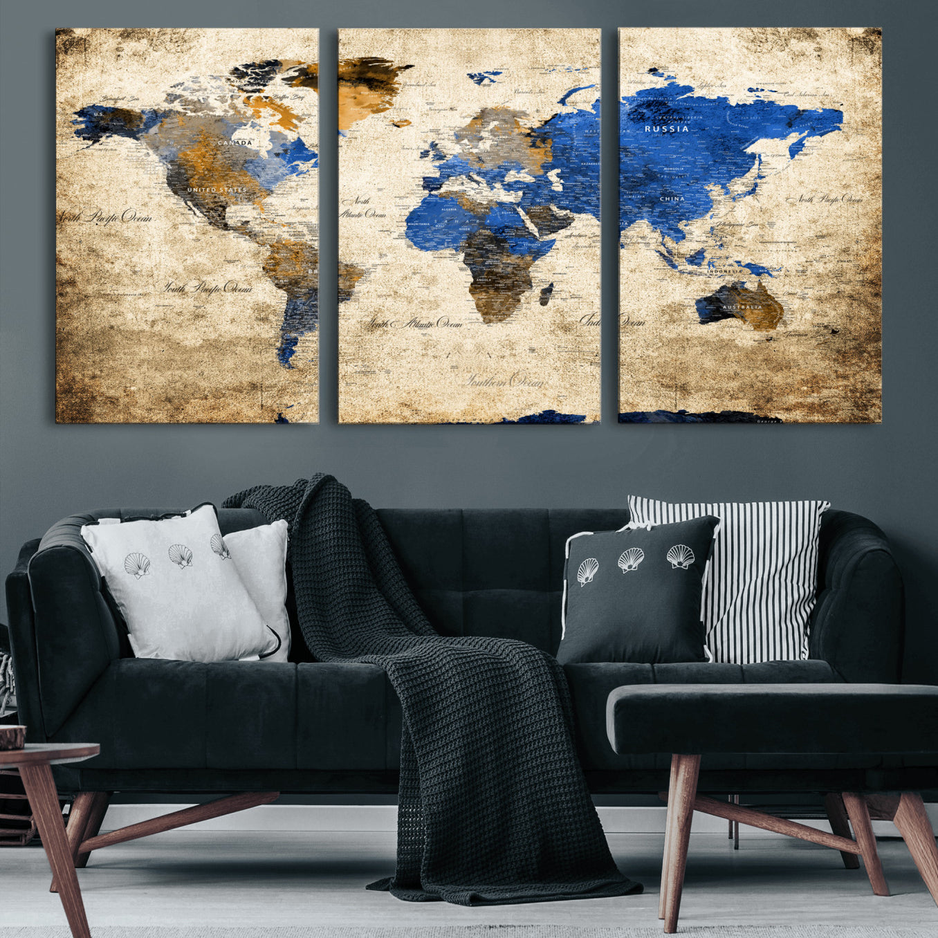 13564339-MGV-CV-60X30-3P - World Map Wall Art Canvas Print, Modern Decorative Framed Map Artwork Prints for Living Room, Office, Bedroom Wall Decor