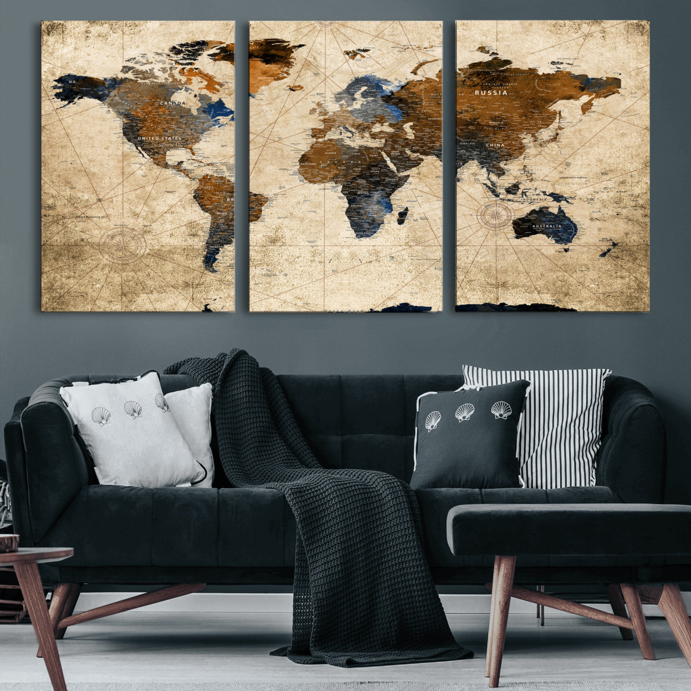 56297284-MGV-CV-60X30-3P - World Map Wall Art Canvas Print, Modern Decorative Framed Map Artwork Prints for Living Room, Office, Bedroom Wall Decor