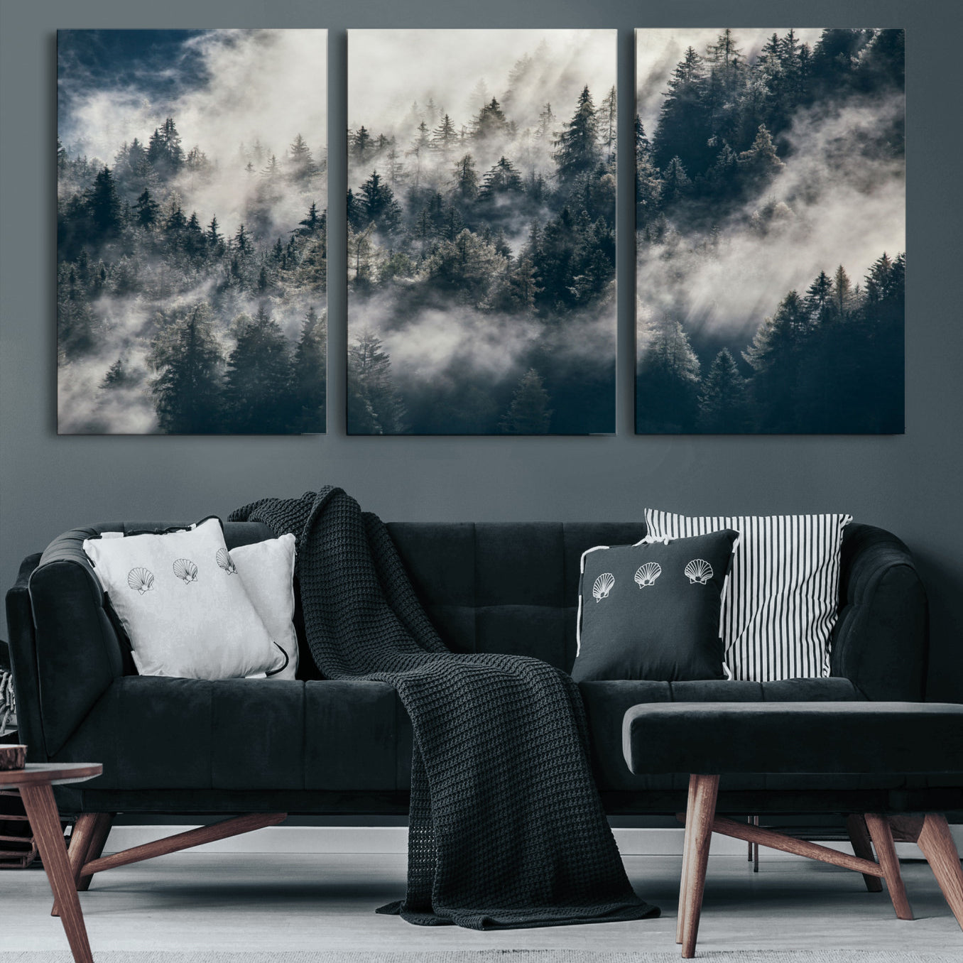 270372951-MGV-CV-60X30-3P - Misty Pine Forest Canvas Wall Art – Dark Forest Mountaing and Nature Landscape Print, Horizontal Canvas Print