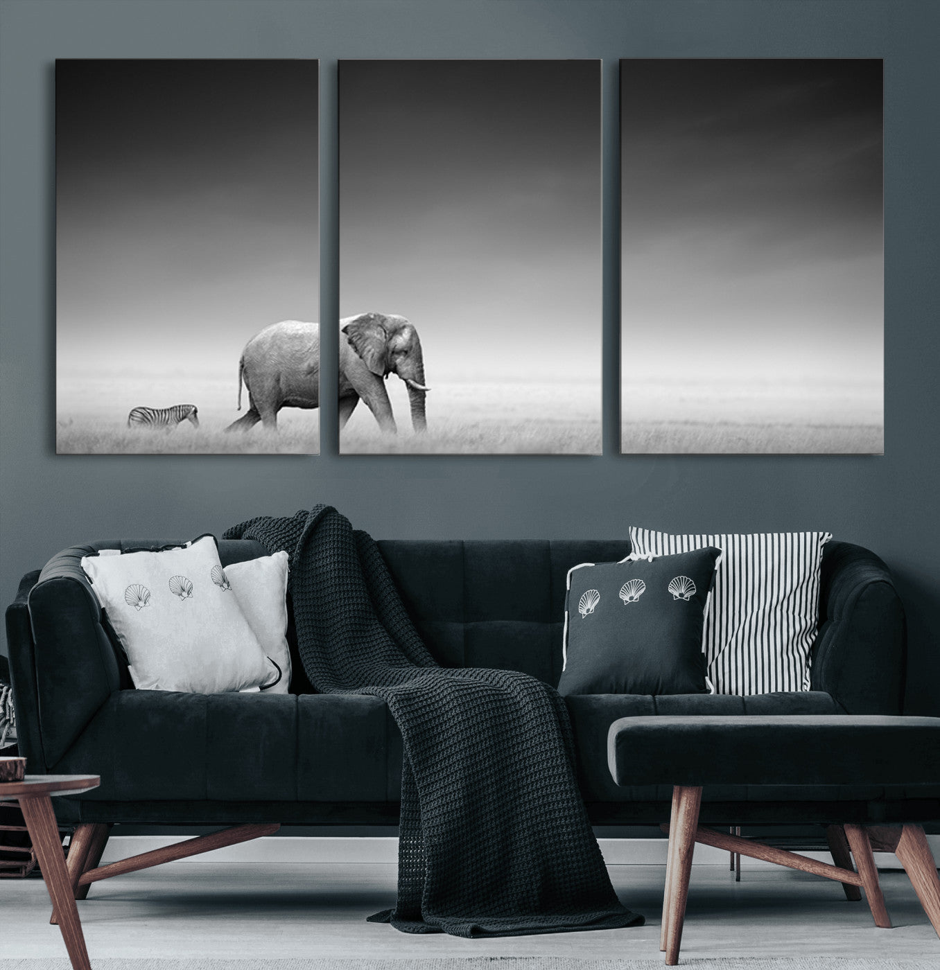 87639-MGV-CV-60X30-3P-Elephand and Zebra Wall Art Canvas Print, Modern Artwork