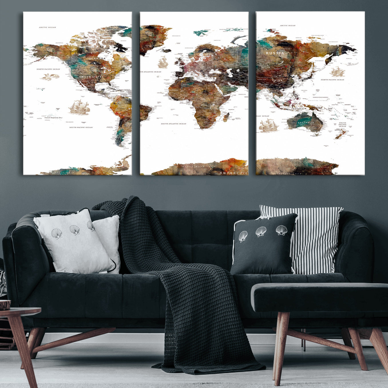82293175-MGV-CV-36X24 - World Map Wall Art Canvas Print, Modern Decorative Framed Map Artwork Prints for Living Room, Office, Bedroom Wall Decor