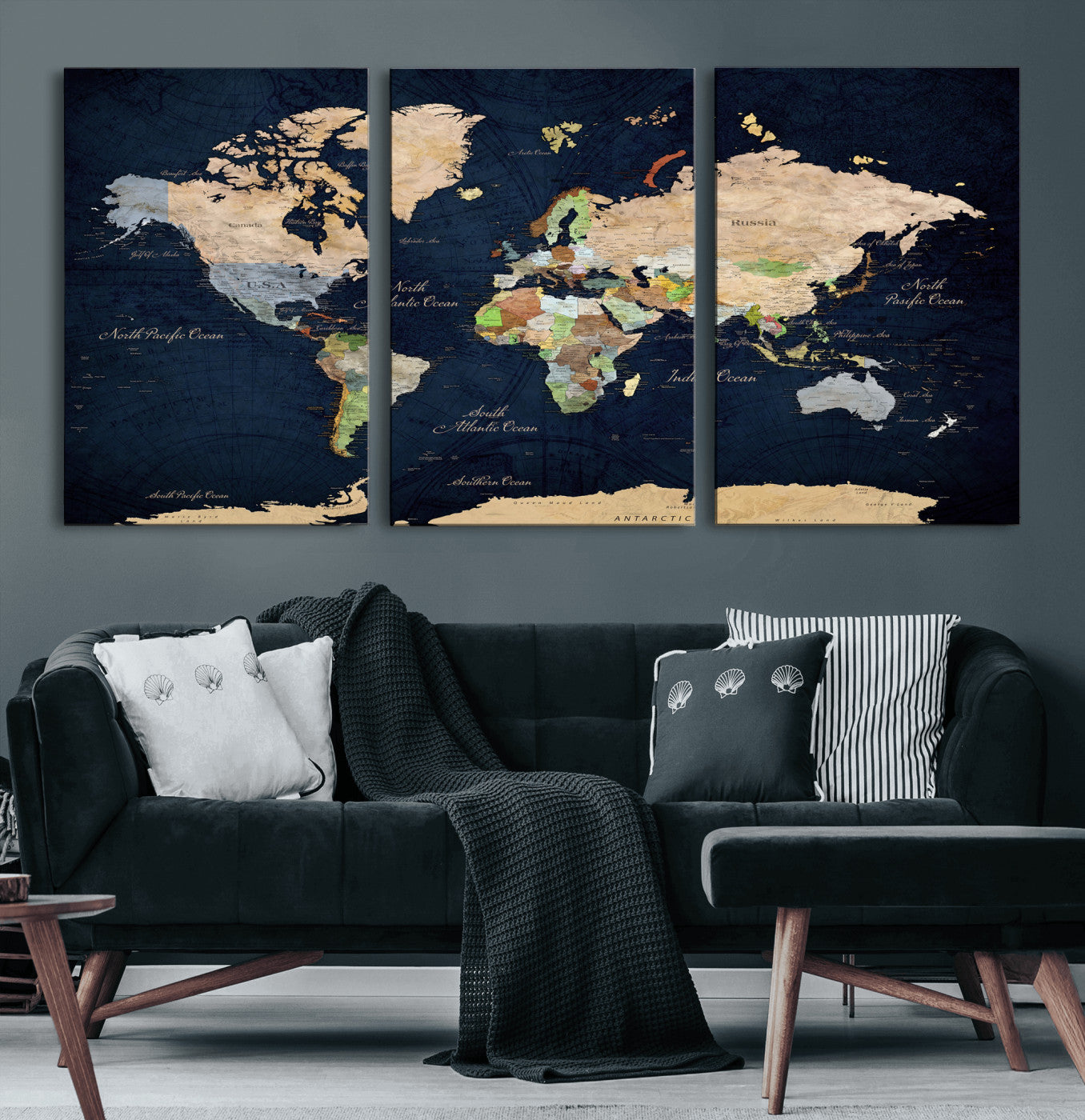 76603563-MGV-CV-36X24 - World Map Wall Art Canvas Print, Modern Decorative Framed Map Artwork Prints for Living Room, Office, Bedroom Wall Decor