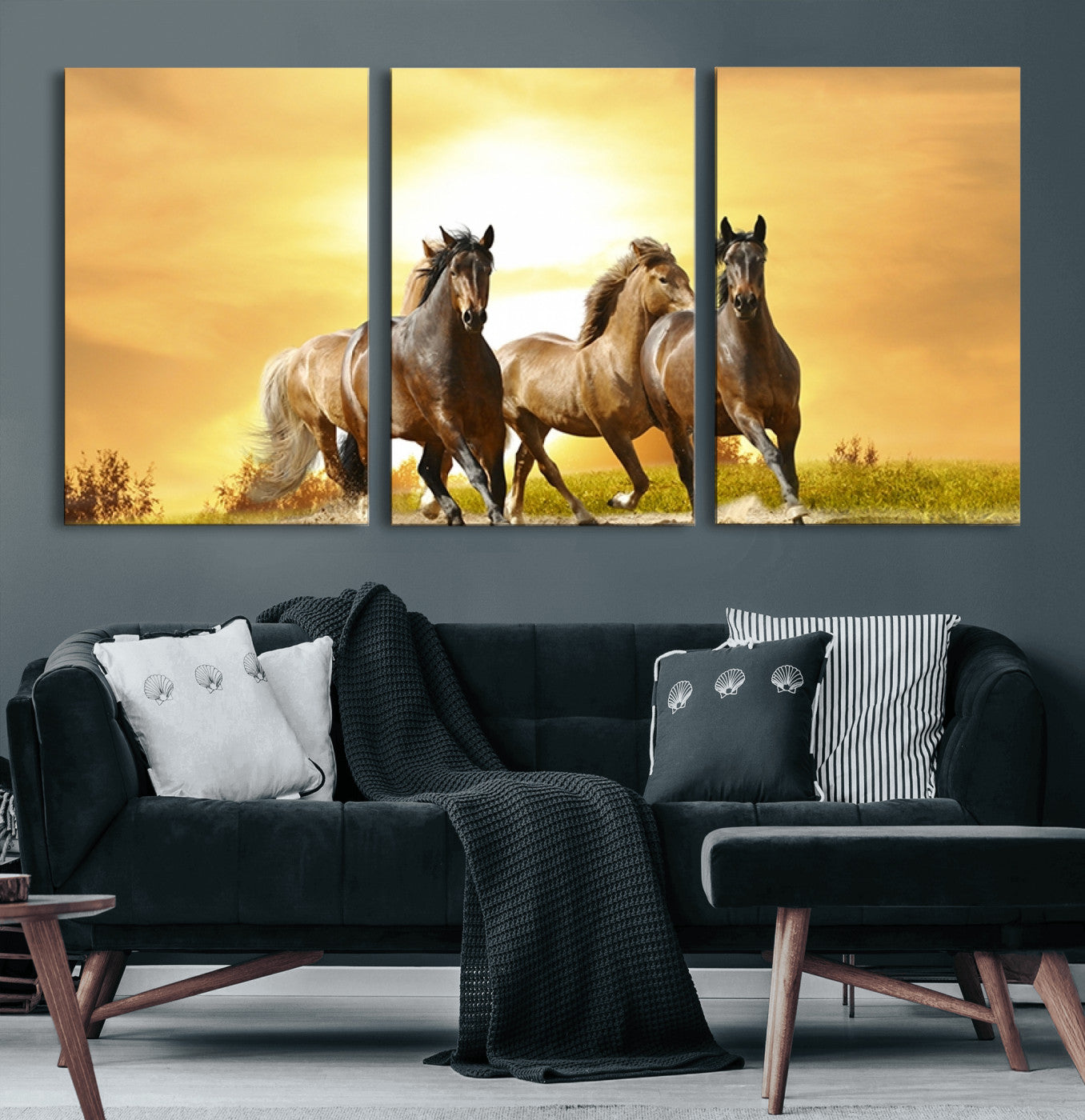 44763-MGV-CV-60X30-3P-Wild Horses Wall Art Canvas Print – Framed Galloping Herd Animal Artwork for Home, Office, Living Room, Guest Room