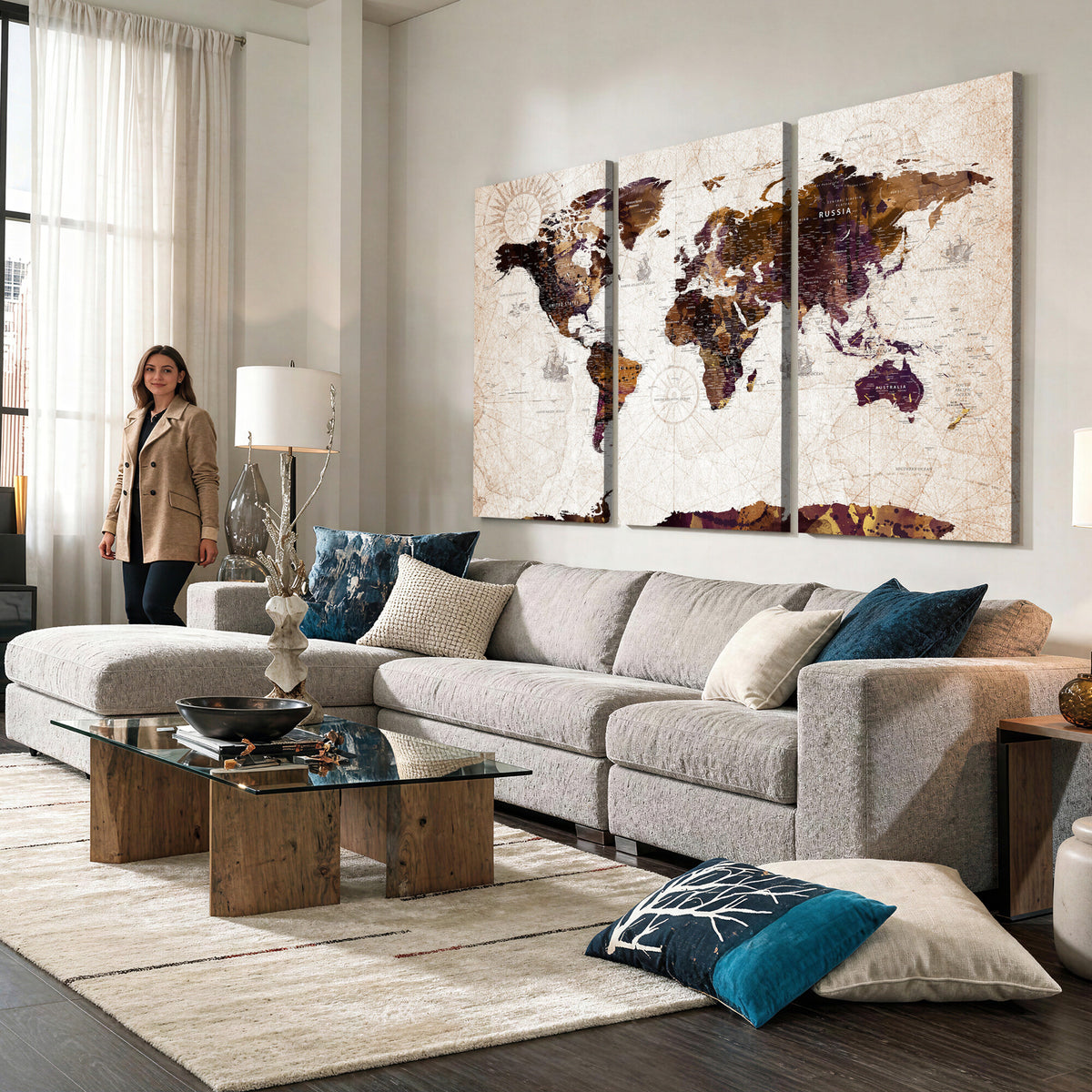 53400857-MGV-CV-36X24 - Blue Watercolor World Map Canvas Print – Framed Modern Wall