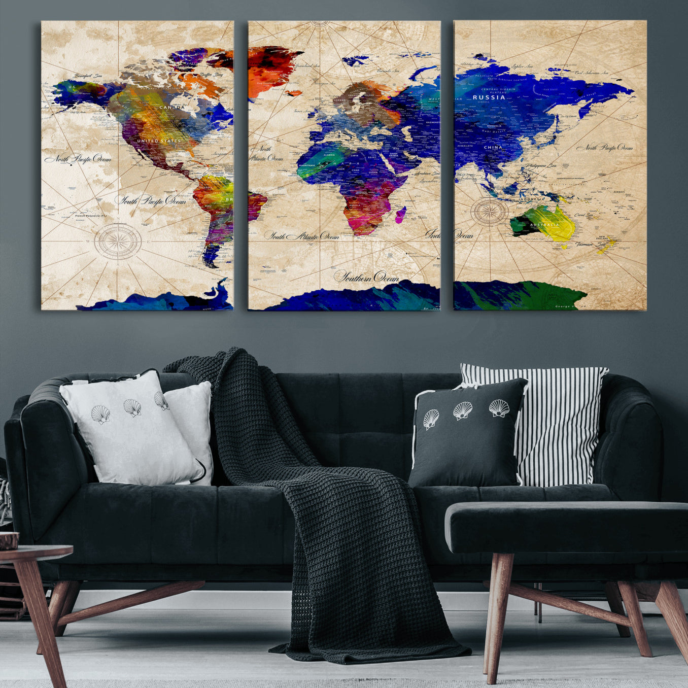 26284075-MGV-CV-36X24 - World Map Wall Art Canvas Print, Modern Decorative Framed Map Artwork Prints for Living Room, Office, Bedroom Wall Decor