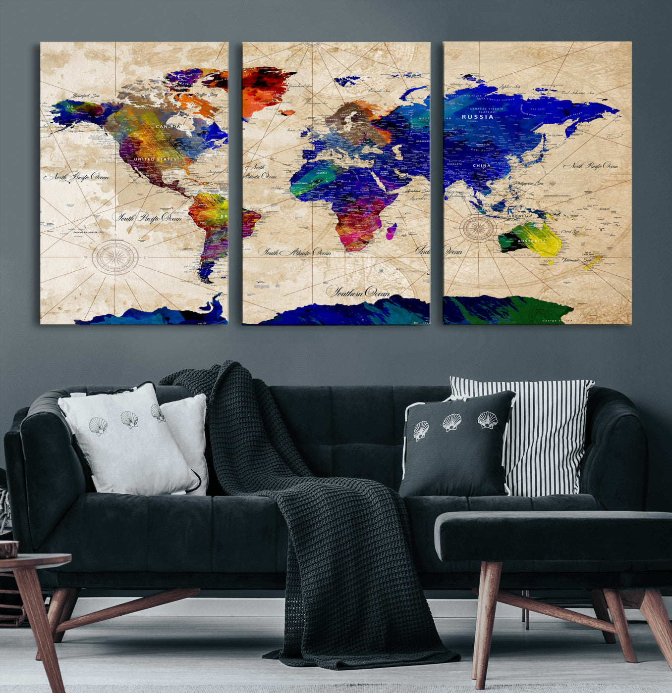 26284075-MGV-CV-36X24 - World Map Wall Art Canvas Print, Modern Decorative Framed Map Artwork Prints for Living Room, Office, Bedroom Wall Decor
