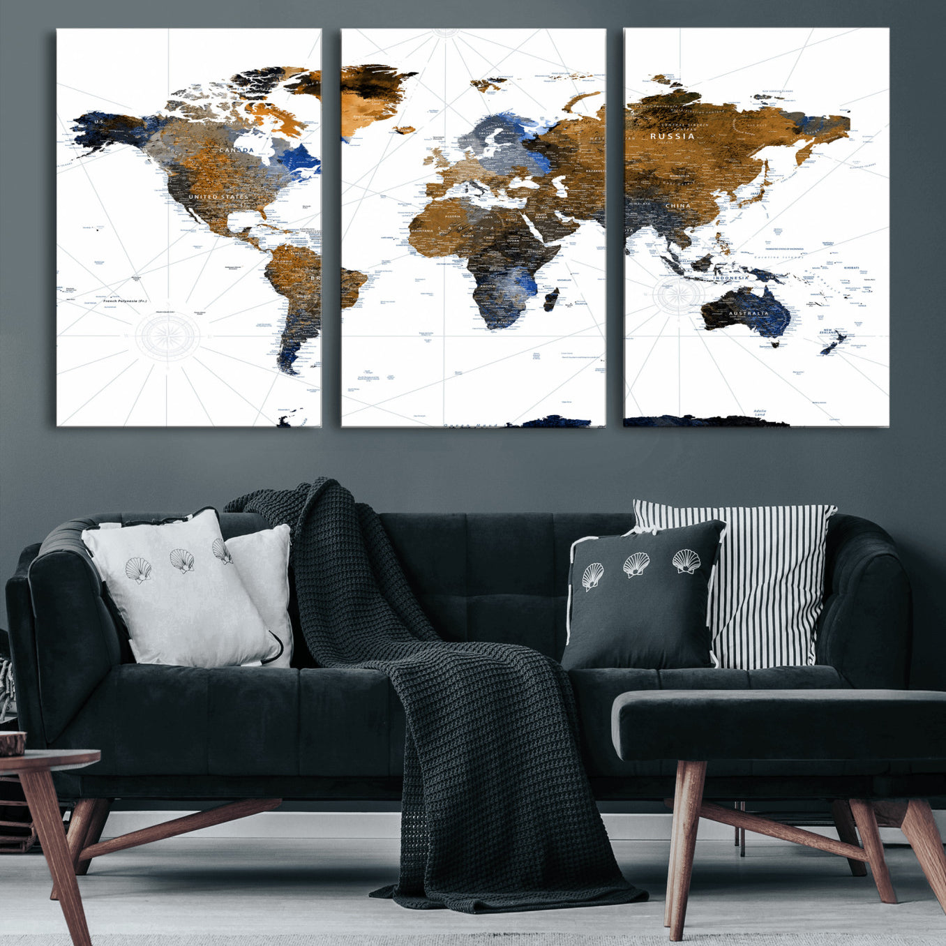 56364879-MGV-CV-36X24 - World Map Wall Art Canvas Print, Modern Decorative Framed Map Artwork Prints for Living Room Decor