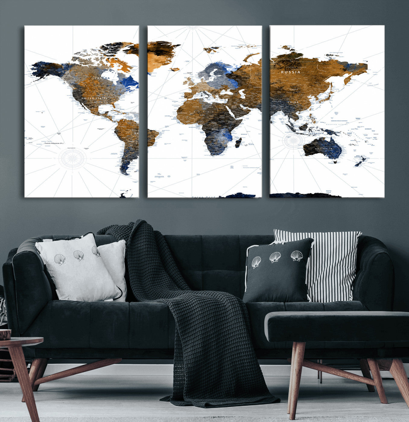 56364879-MGV-CV-36X24 - World Map Wall Art Canvas Print, Modern Decorative Framed Map Artwork Prints for Living Room Decor