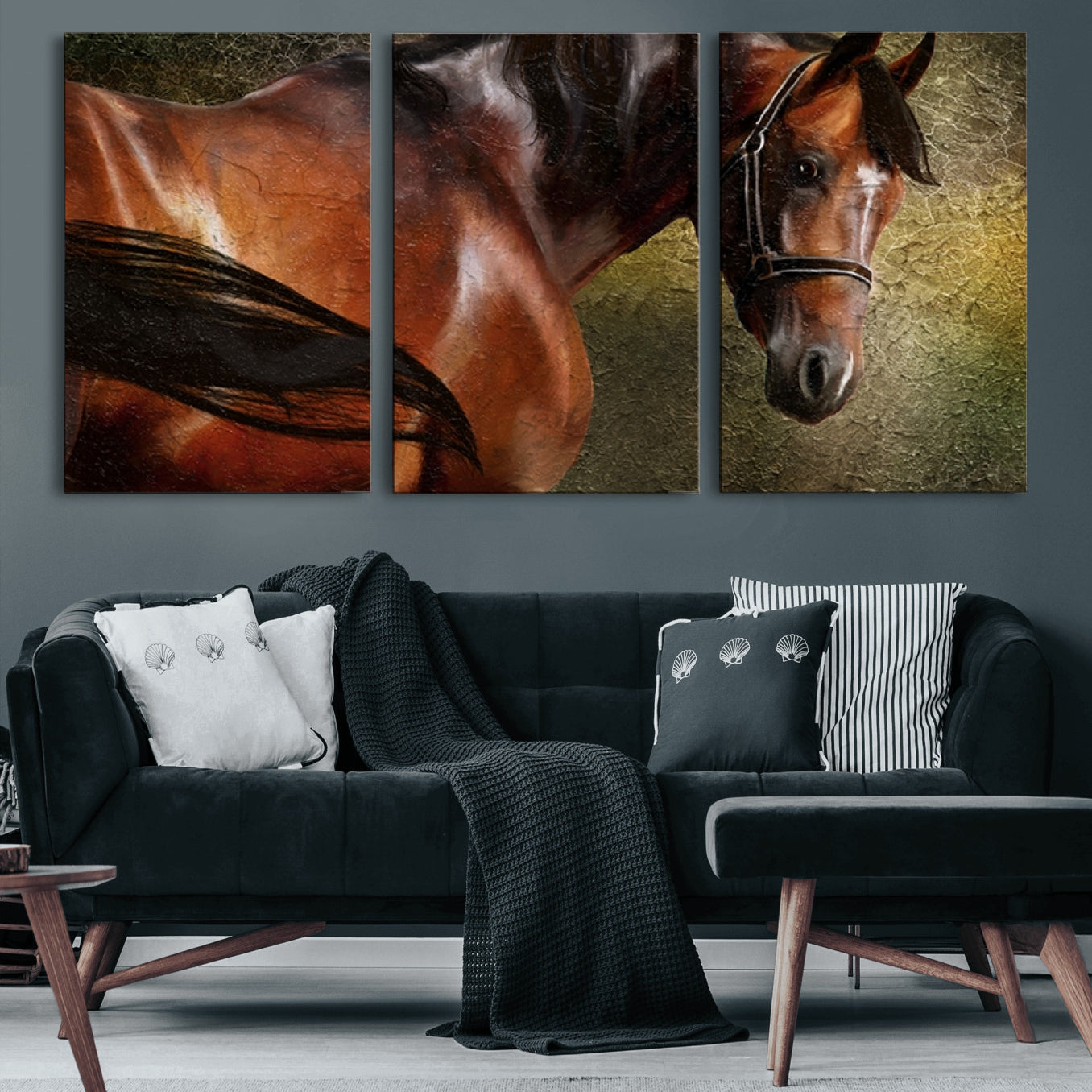 76810-MGV-CV-60X30-3P-Majestic Brown Horse Wall Art Canvas Print – Framed Equestrian Artwork with Elegant Stallion Artwork for Home or Office Decor