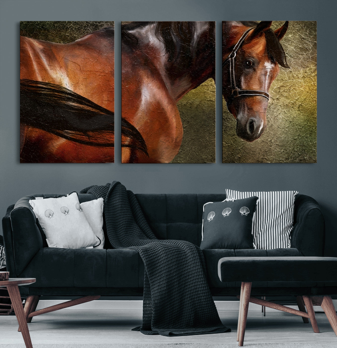 76810-MGV-CV-60X30-3P-Majestic Brown Horse Wall Art Canvas Print – Framed Equestrian Artwork with Elegant Stallion Artwork for Home or Office Decor