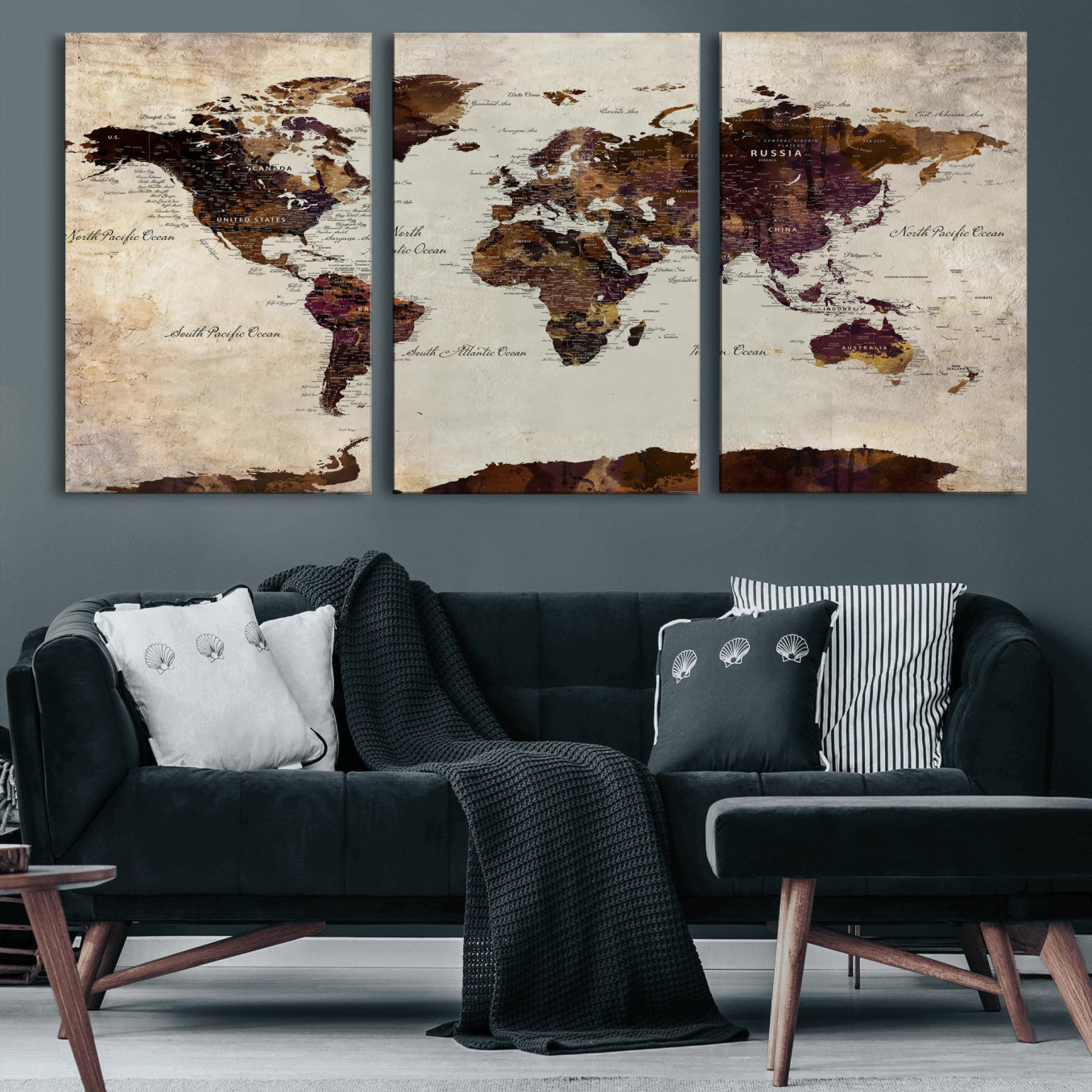 50611123-MGV-CV-36X24 - World Map Canvas Triptych – Colorful Global Wall Art for Living Rooms, Offices, and Study Spaces