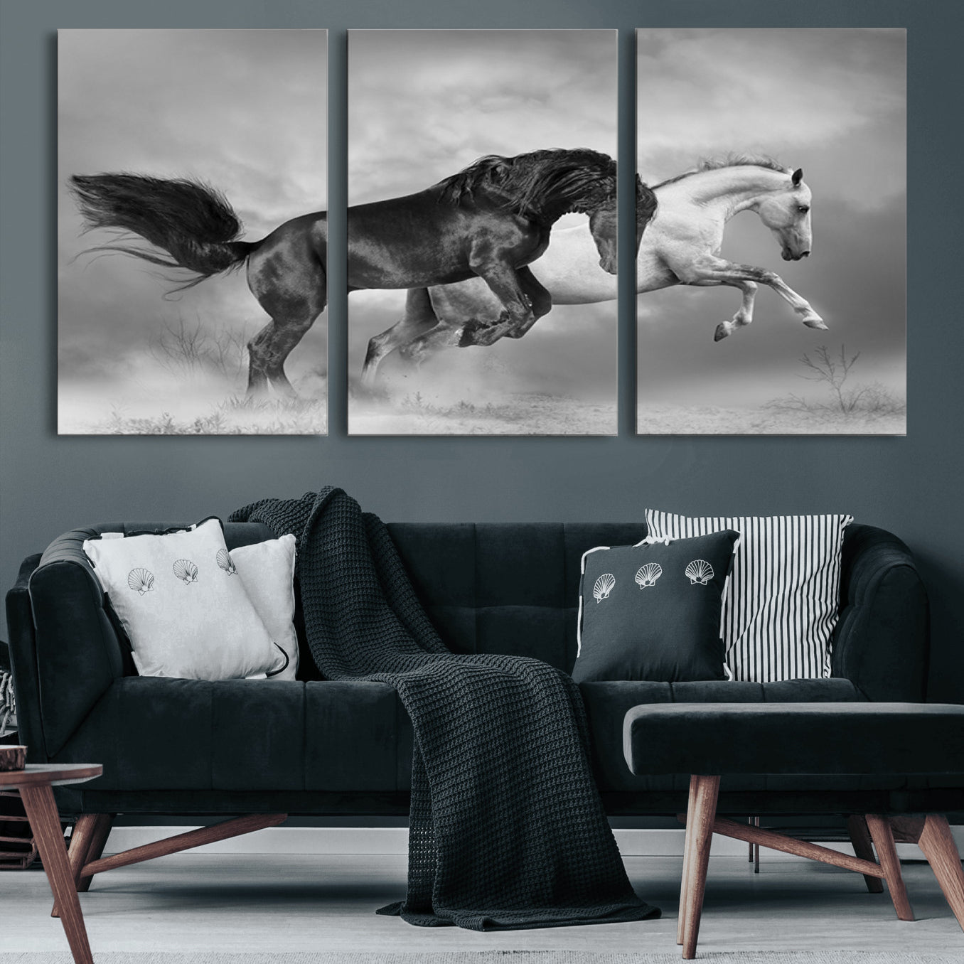93546-MGV-CV-60X30-3P-Wild Horses Wall Art Canvas Print – Framed Black and White Galloping Horses Dynamic Animal Artwork for Home, Office