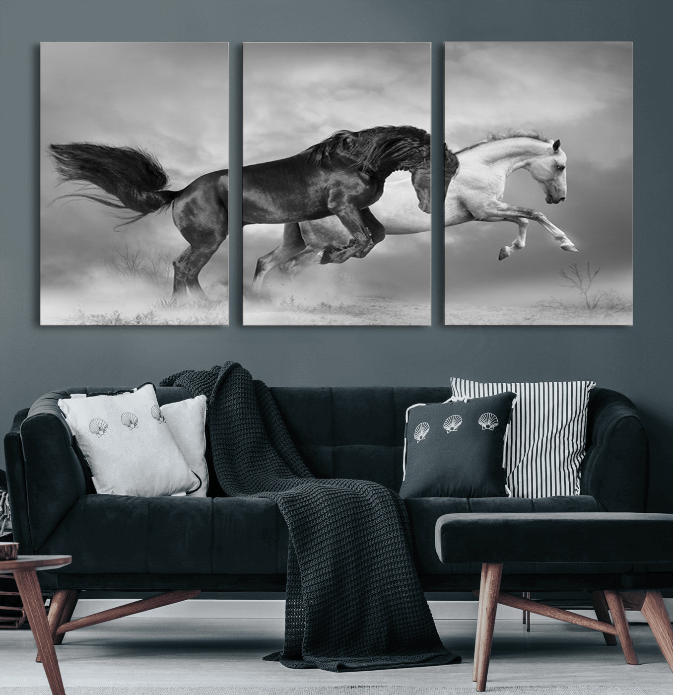 93546-MGV-CV-60X30-3P-Wild Horses Wall Art Canvas Print – Framed Black and White Galloping Horses Dynamic Animal Artwork for Home, Office
